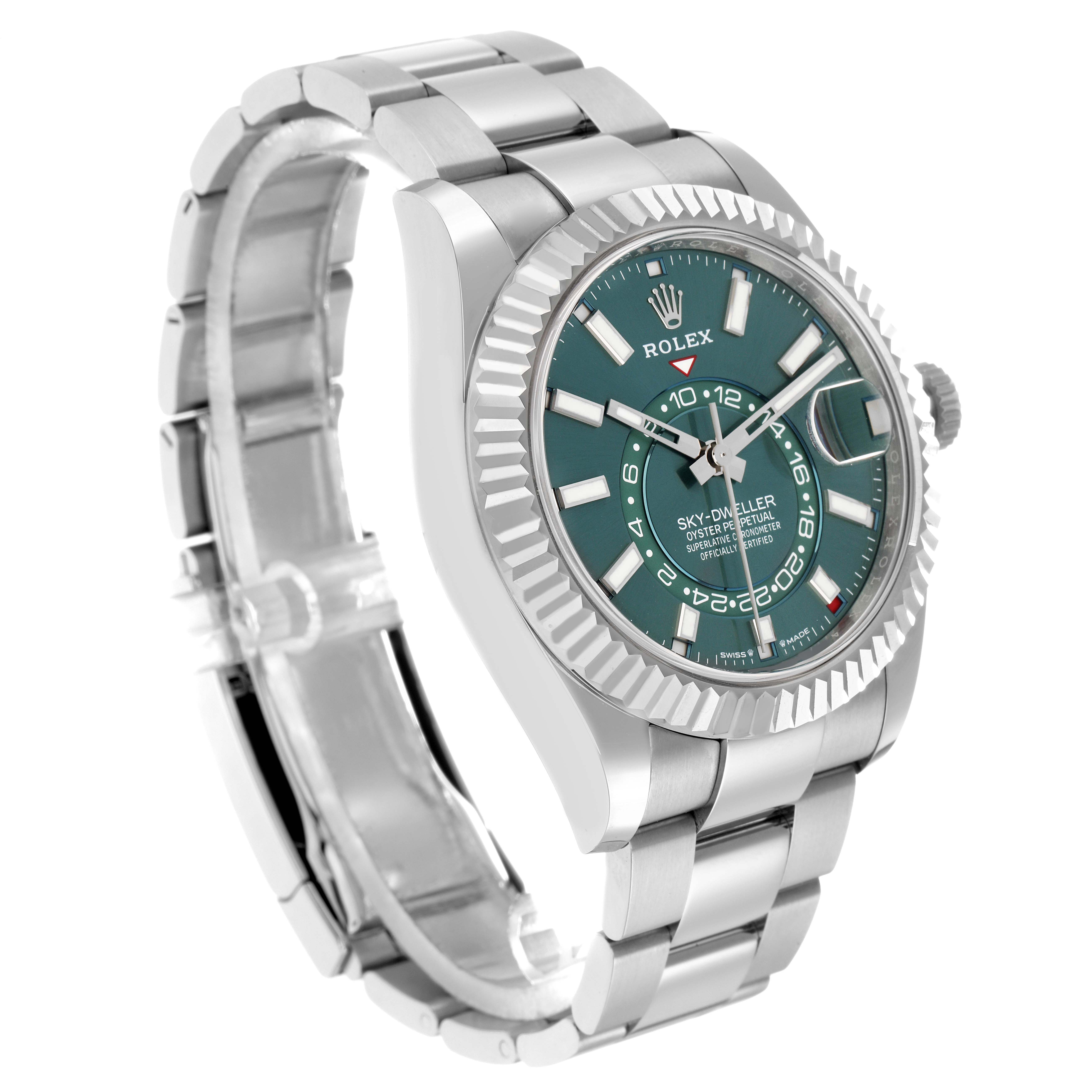 The Rolex Sky-Dweller 336934 Men
s Stainless Steel Green Dial watch is shown at a three-quarter angle, displaying the face, bezel, crown, and part of the bracelet.