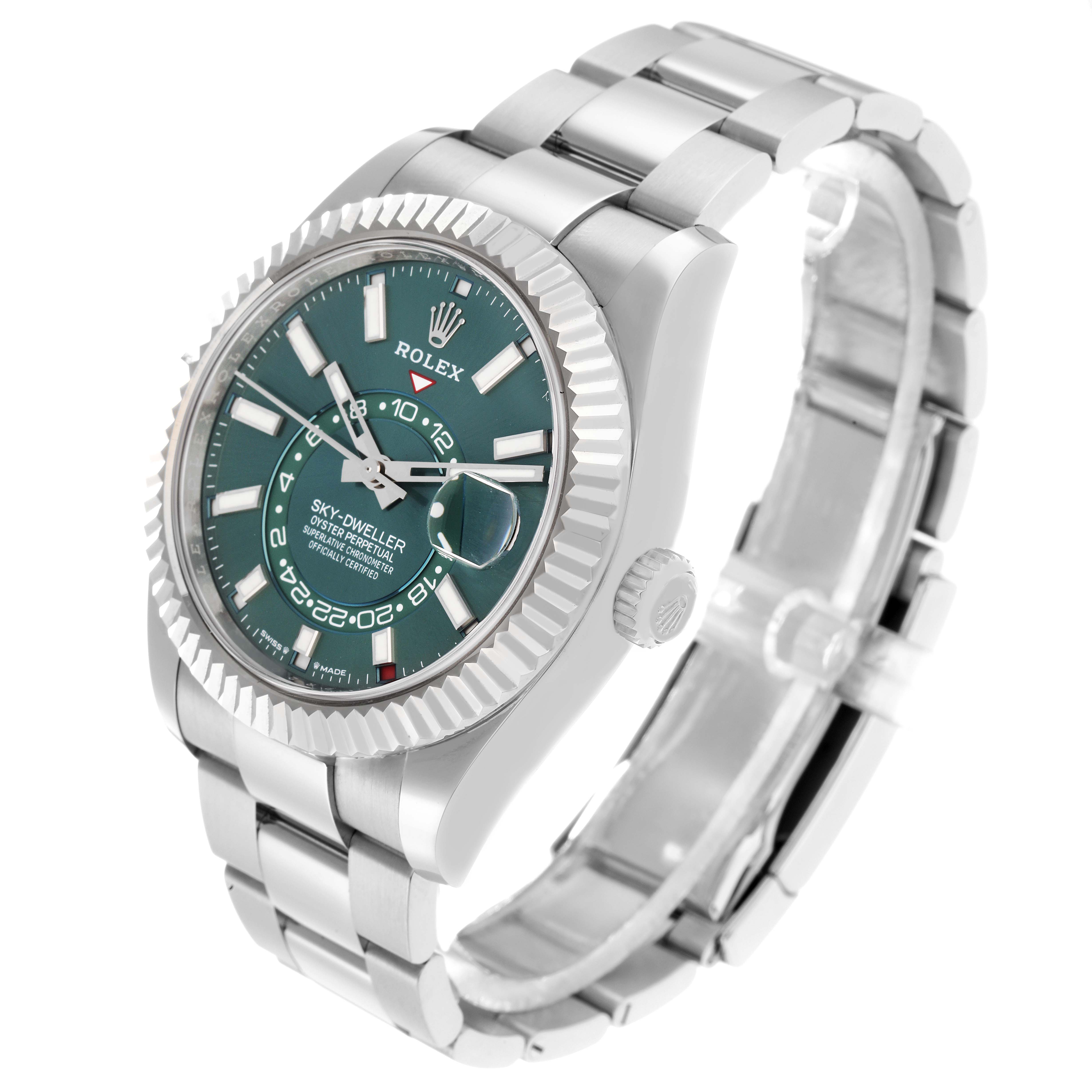 The Rolex Sky-Dweller 336934 Men
s Stainless Steel Green Dial is shown at a three-quarter angle, highlighting the dial, bezel, crown, and bracelet.