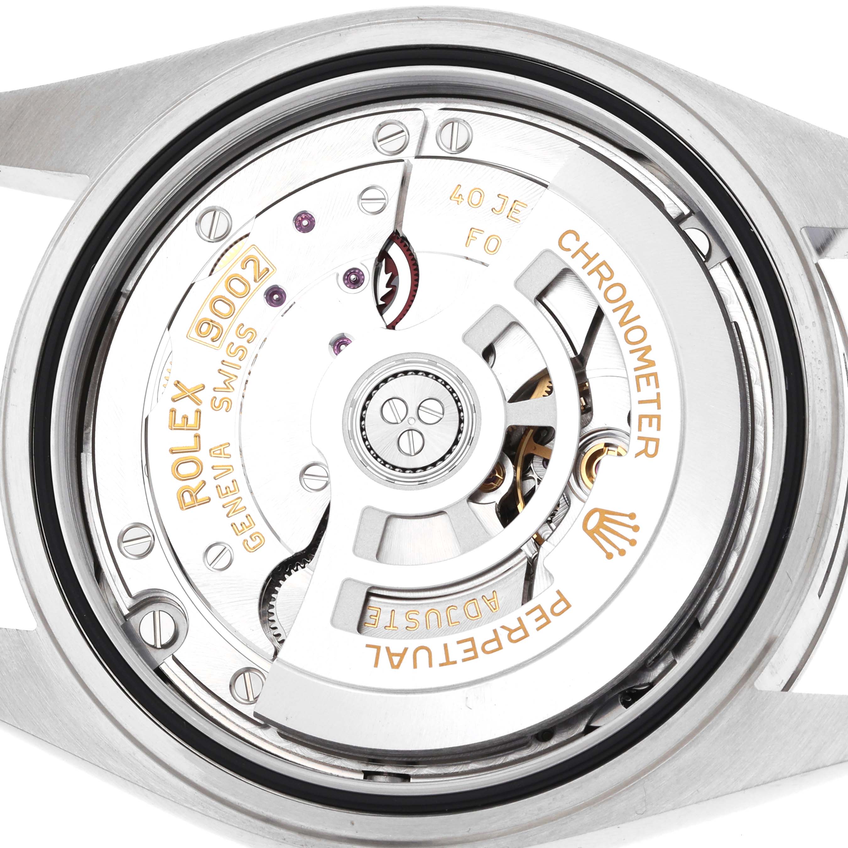 The image shows the movement of a Rolex Sky-Dweller 336934 Men
s Stainless Steel Green Dial, highlighting the rotor and intricate inner workings from a rear angle.