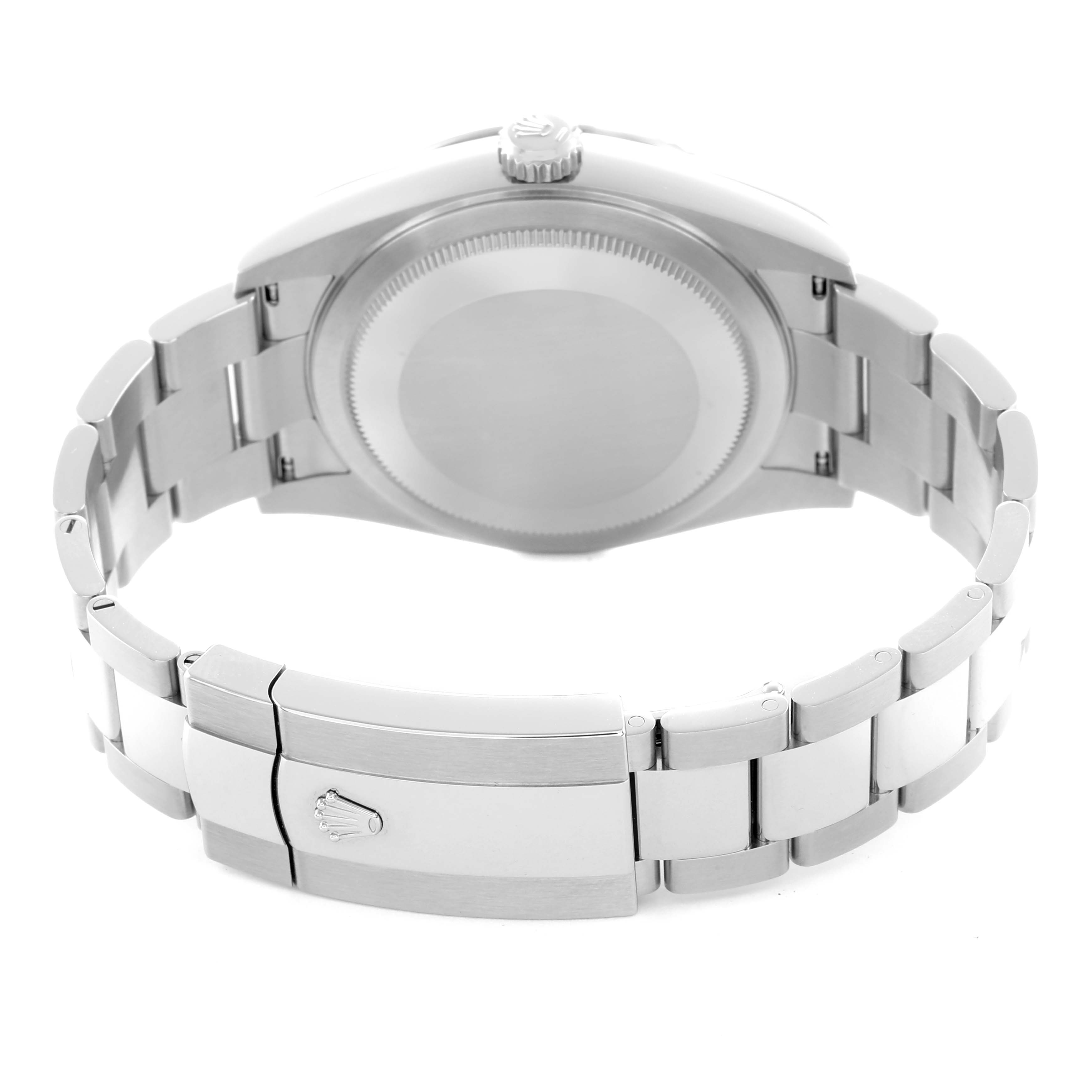 The image shows the back view of a Rolex Sky-Dweller 336934 Men
s Stainless Steel Green Dial watch, highlighting the bracelet and clasp.