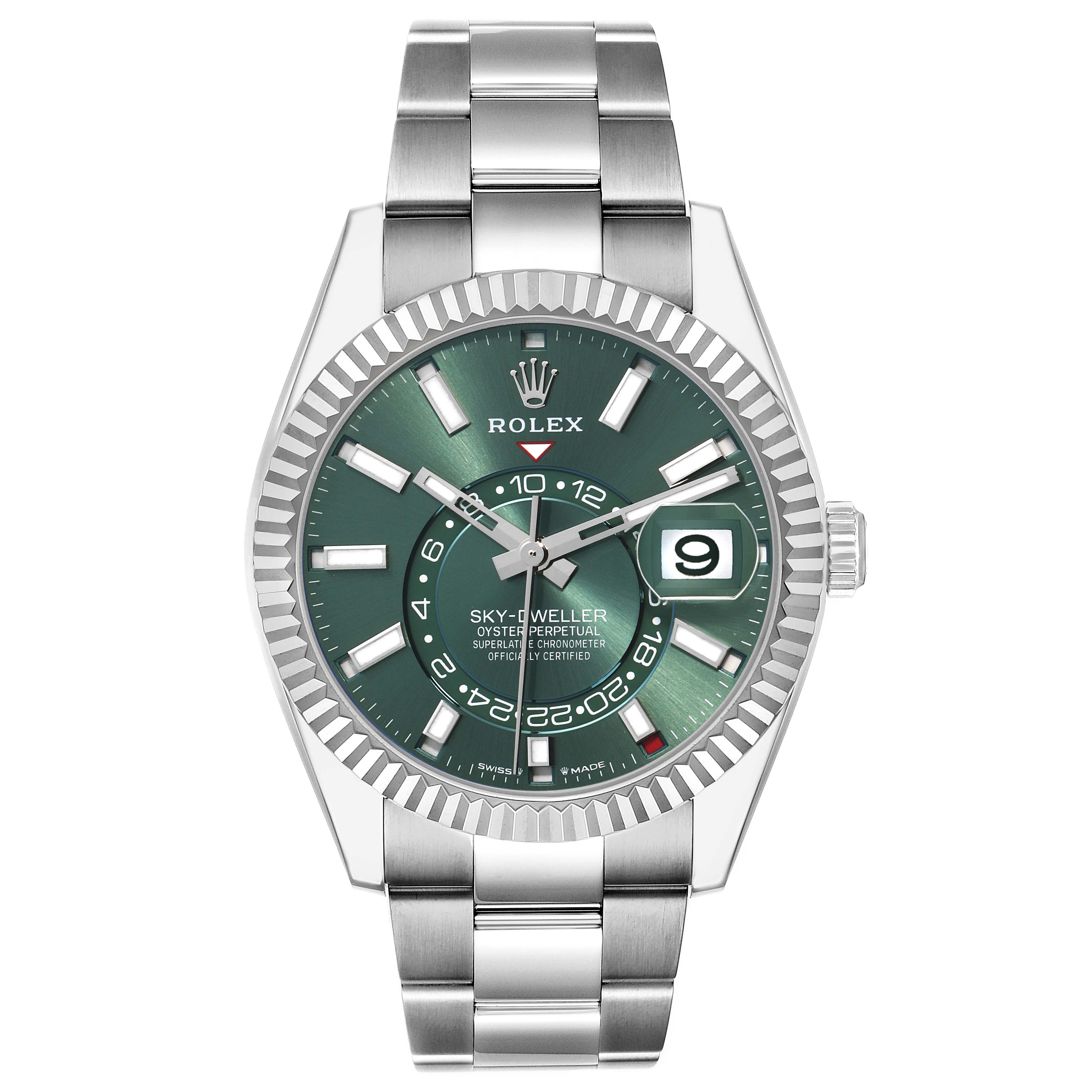 The image shows a front view of the Rolex Sky-Dweller 336934 Men
s Stainless Steel Green Dial watch, highlighting the dial, bezel, band, and date display.