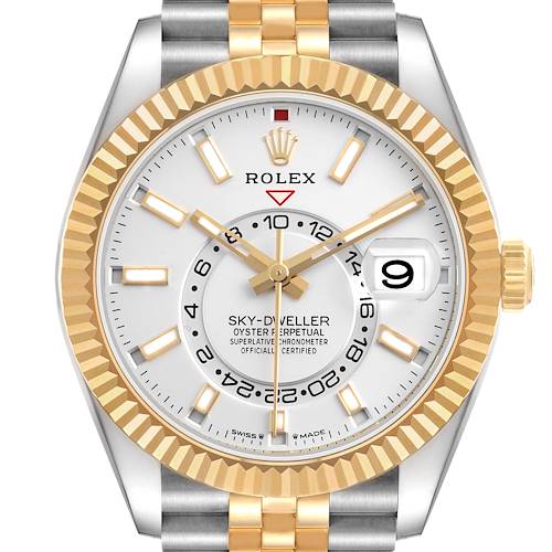 The image shows a frontal view of the Rolex Sky-Dweller 336933 Men's Steel and Gold (two tone) Silver Dial, highlighting its gold and silver bracelet, fluted bezel, and dial details.
