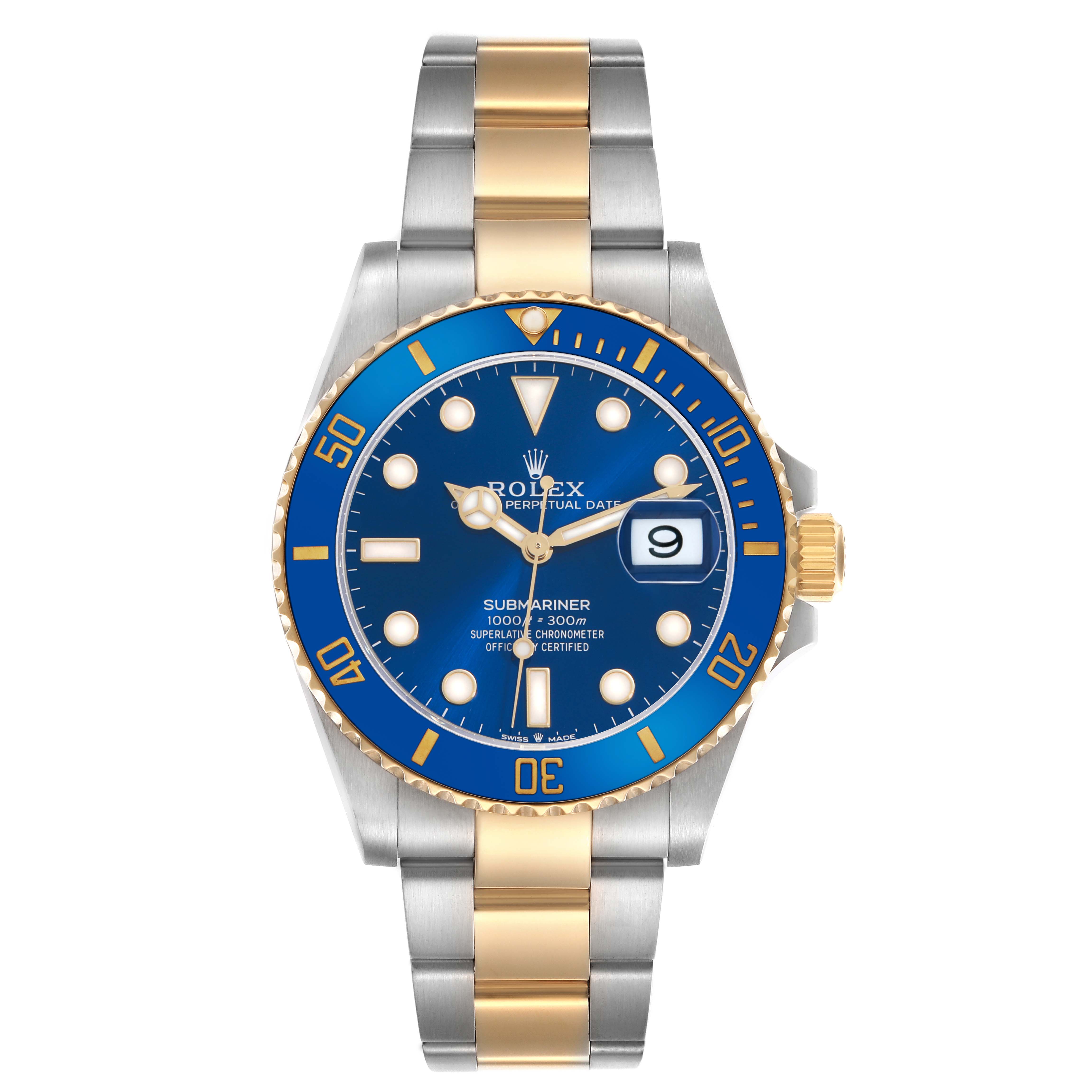 The Rolex Submariner 126613 Men
s Steel and Gold (two tone) Blue Dial watch is shown from a front view, displaying the blue dial, bezel, and two-tone bracelet.