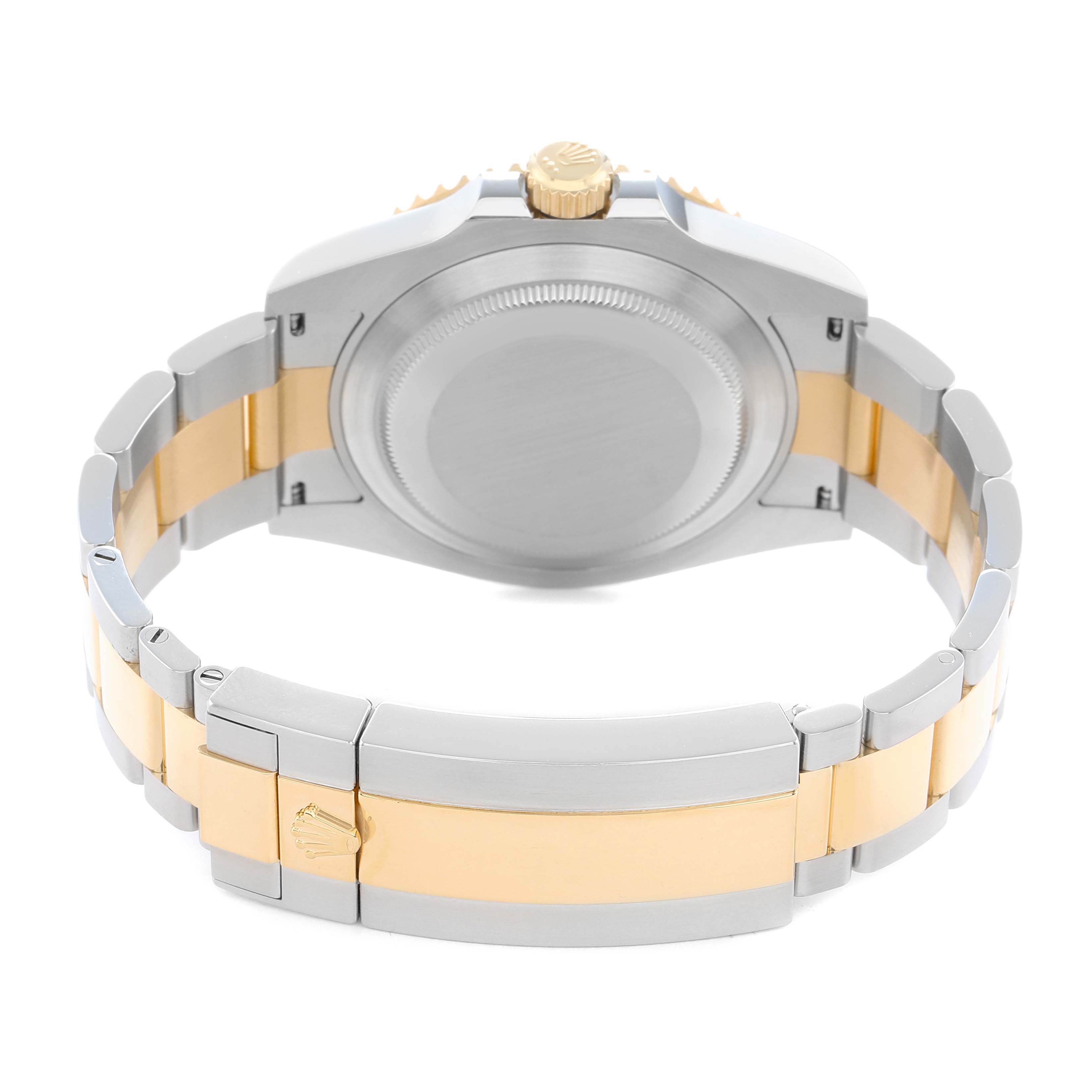 The image shows the back and bracelet of a Rolex Submariner 126613 Men
s Steel and Gold (two tone) Blue Dial, highlighting the two-tone metal design and crown.