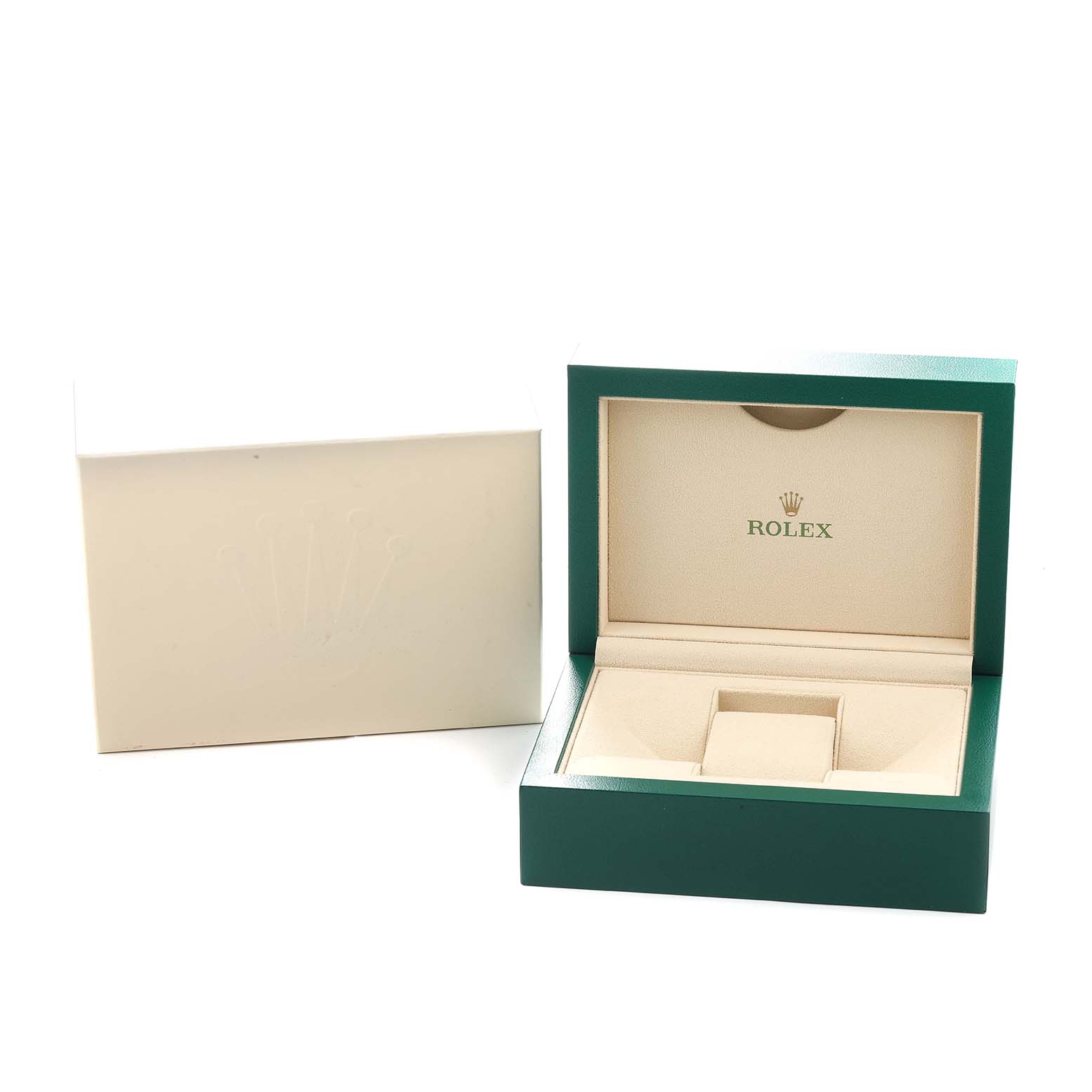 The image shows the open box and outer packaging for a Rolex Submariner 126613 Men
s Steel and Gold (two tone) Blue Dial watch, viewed from the front.
