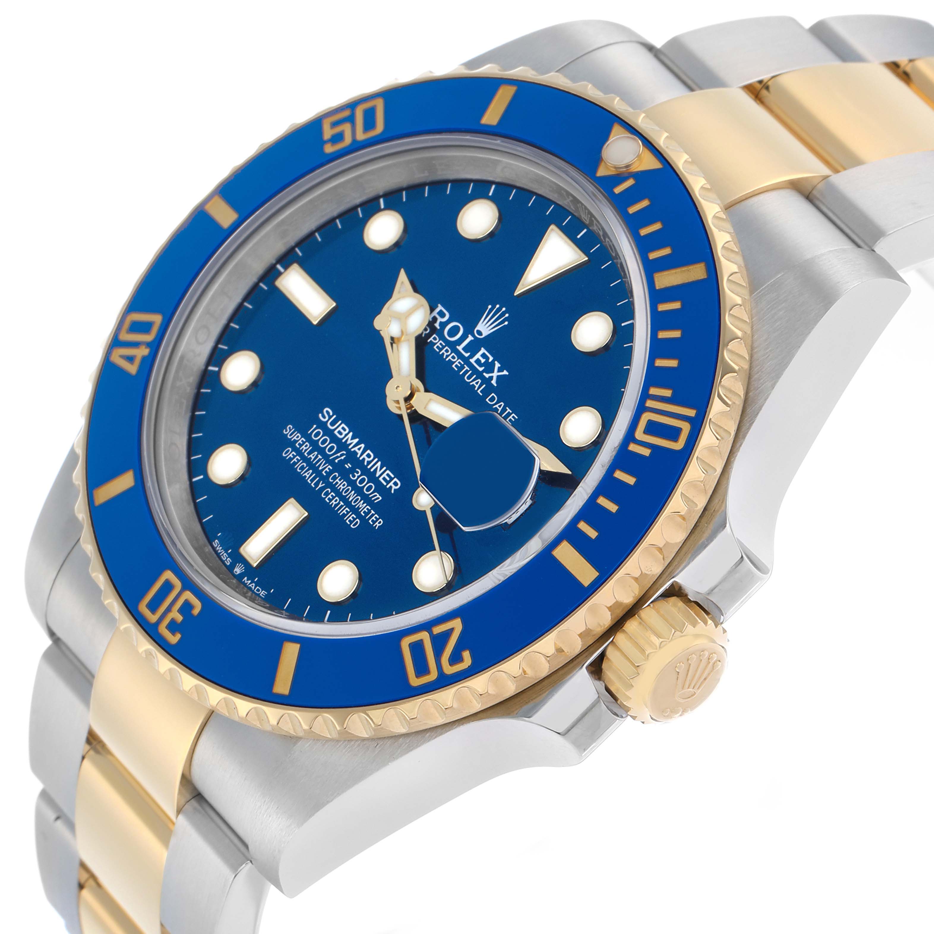 The Rolex Submariner 126613 Men
s Steel and Gold (two tone) Blue Dial watch is shown at a three-quarter angle, highlighting the blue dial, bezel, two-tone bracelet, and crown.