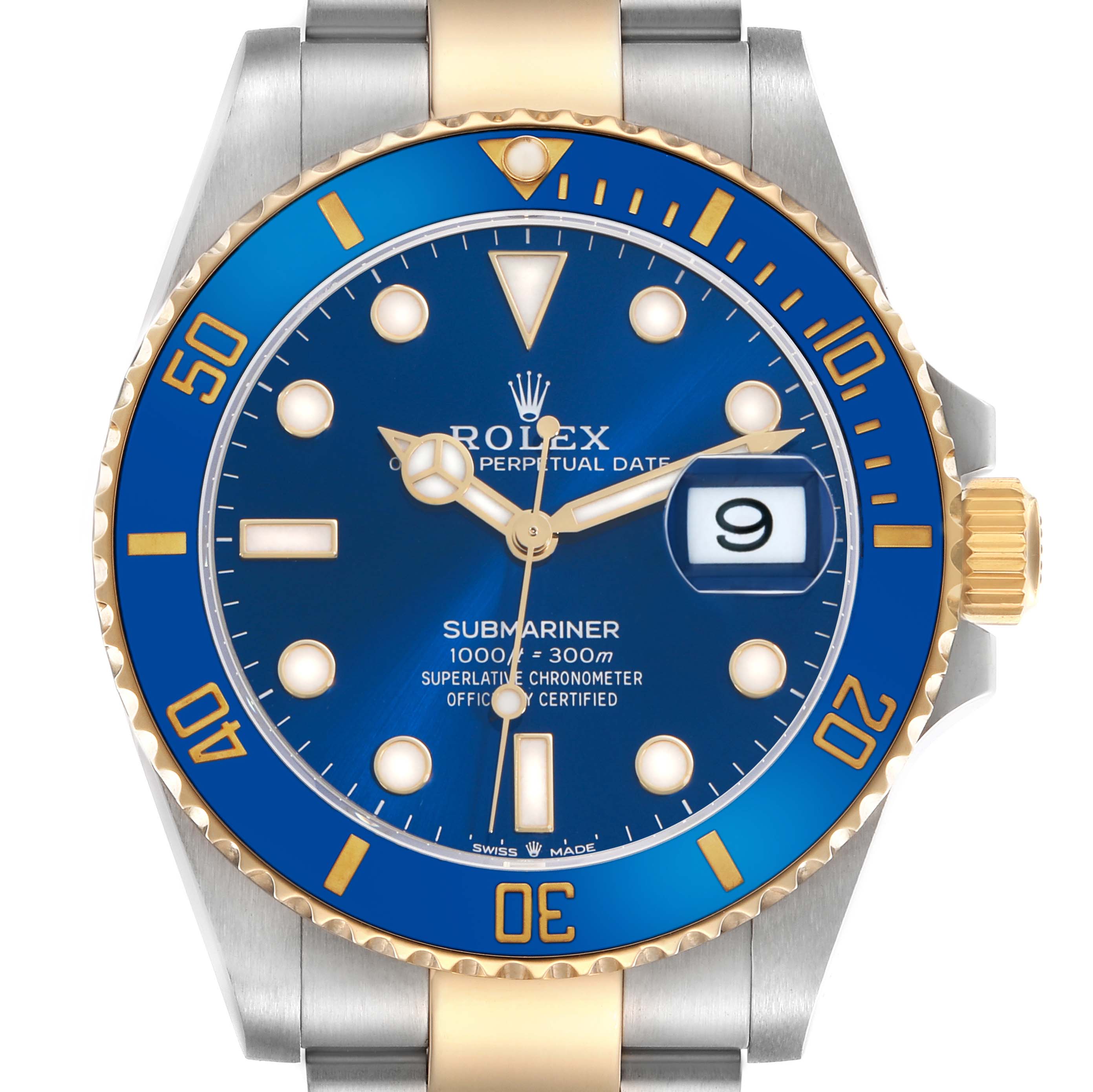 The Rolex Submariner 126613 Men
s Steel and Gold (two tone) Blue Dial watch is shown from a front angle, displaying the bezel, dial, and part of the bracelet.