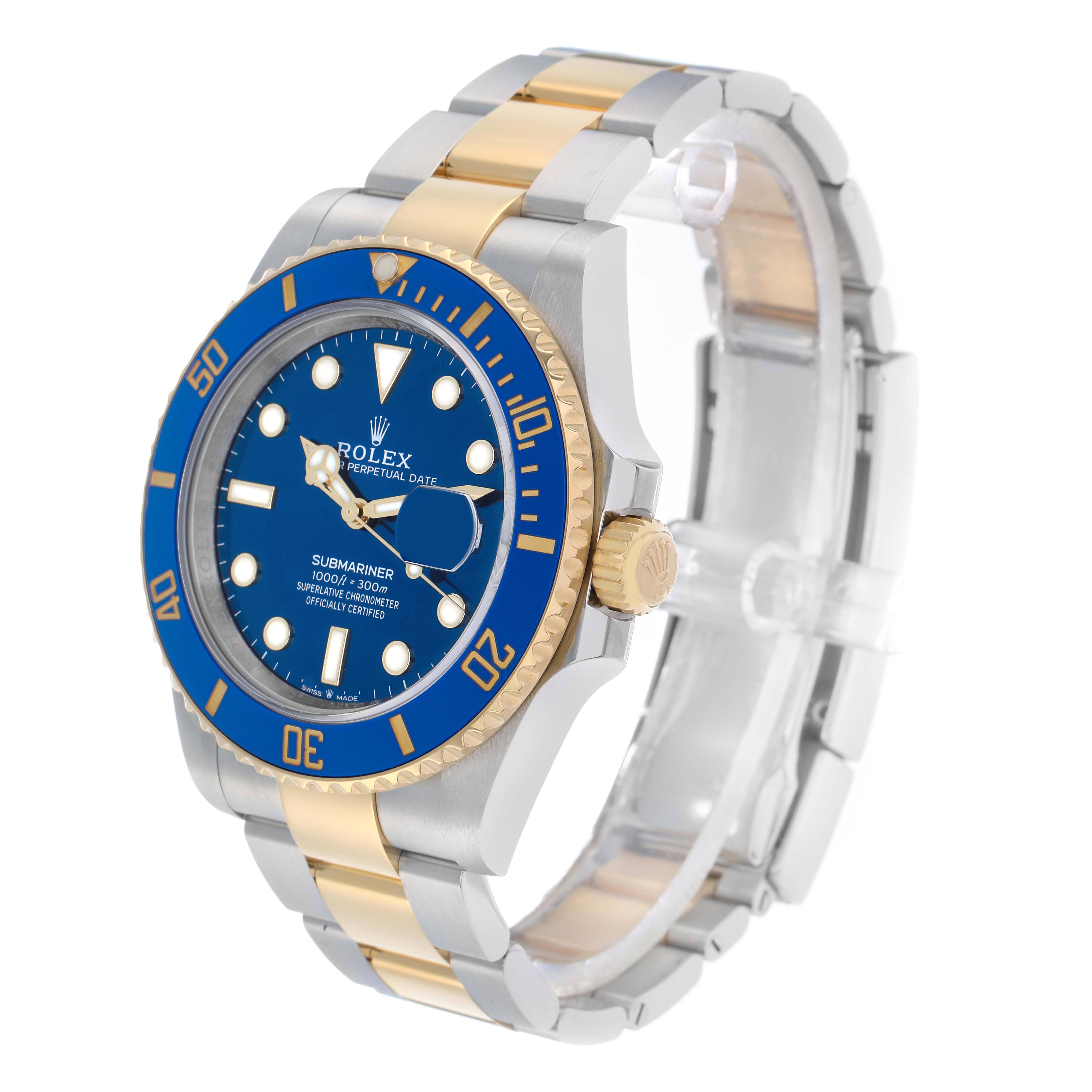 The Rolex Submariner 126613 Men
s Steel and Gold (two tone) Blue Dial watch is shown at a slight angle displaying the face, bezel, crown, and part of the bracelet.