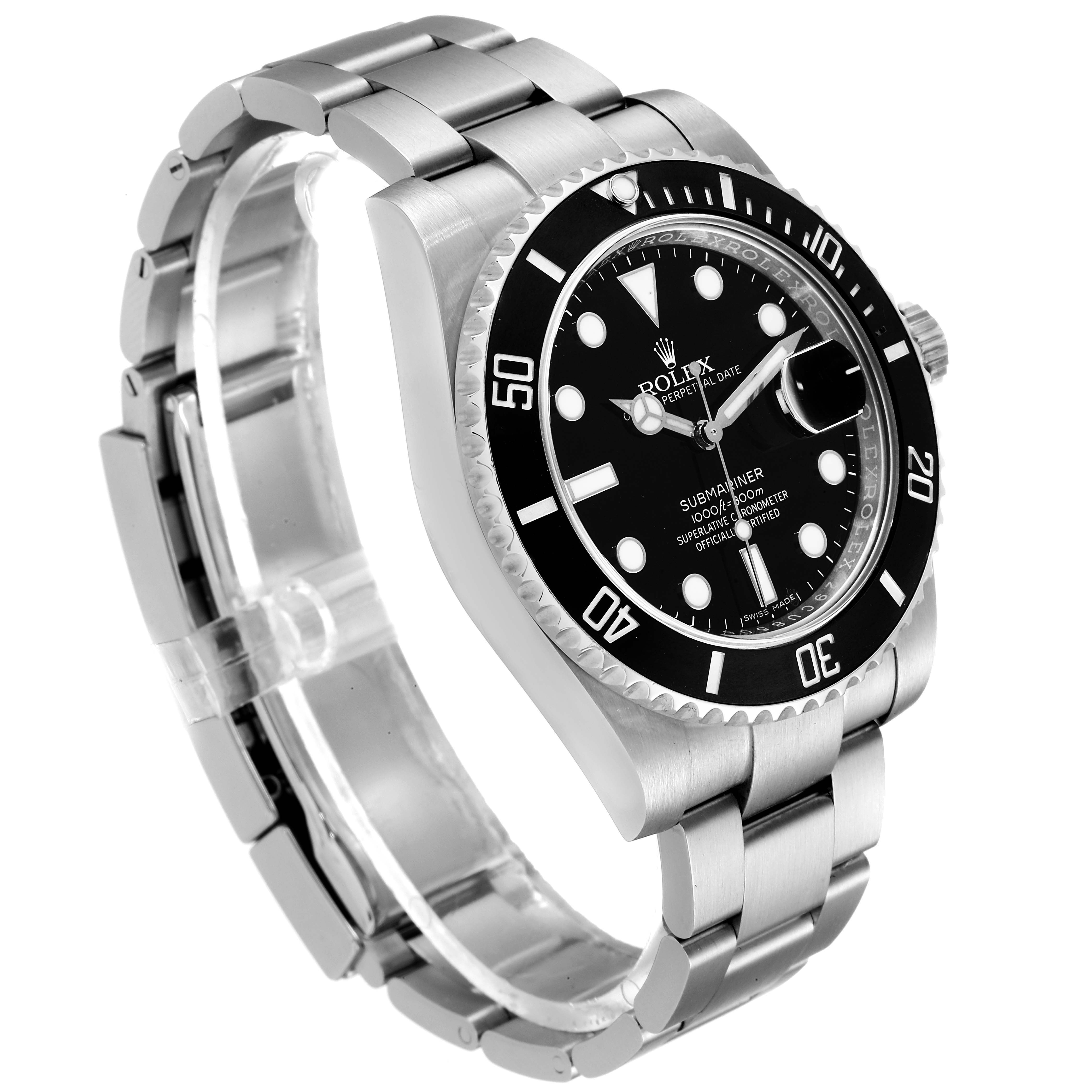 The Rolex Submariner 116610 Men
s Stainless Steel Black Dial 116610 Men
s Stainless Steel Black Dial watch is shown at a slight side angle, highlighting the bracelet, bezel, and face.