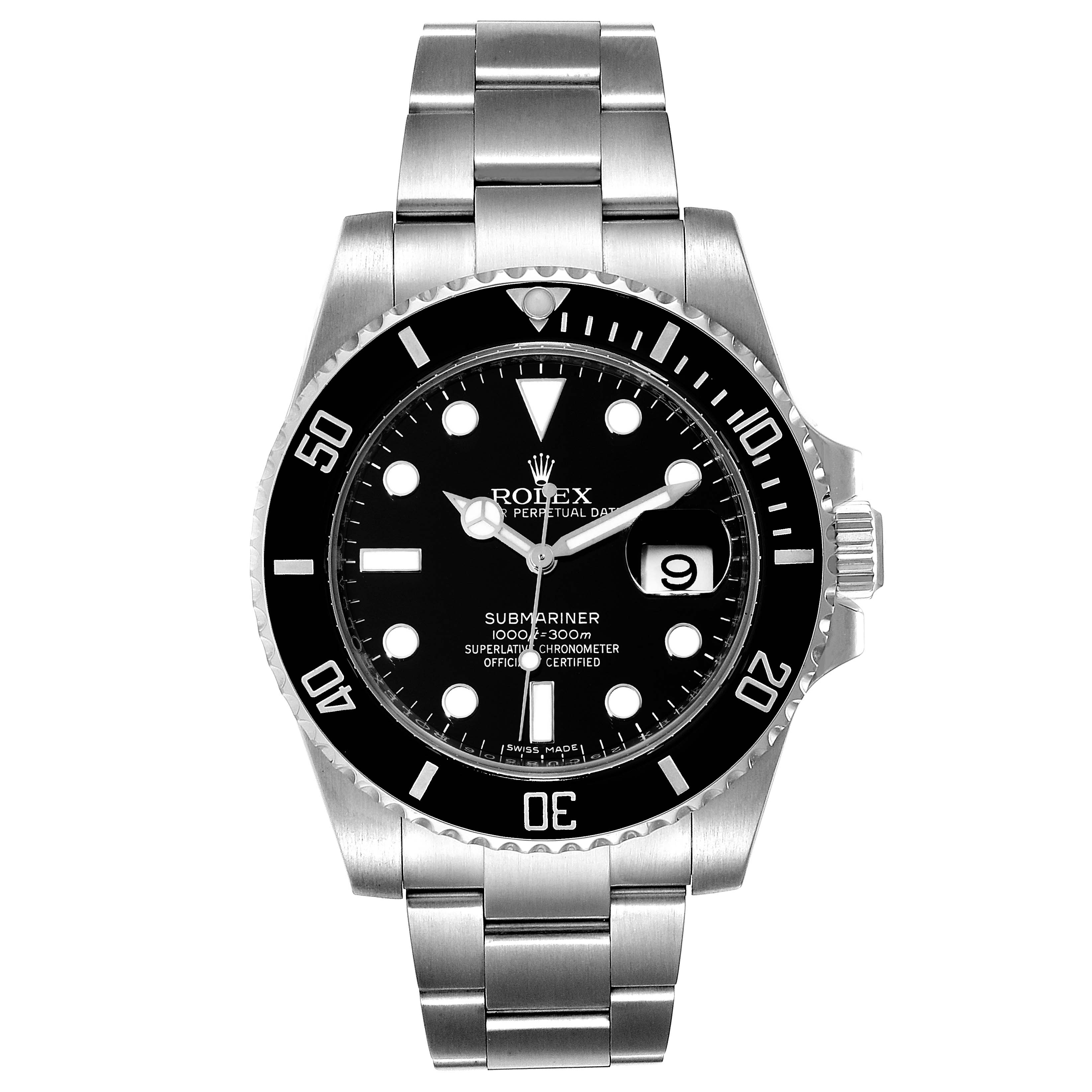 The image shows a front view of a Rolex Submariner 116610 Men
s Stainless Steel Black Dial 116610 Men
s Stainless Steel Black Dial watch, displaying its dial, bezel, bracelet, and crown.