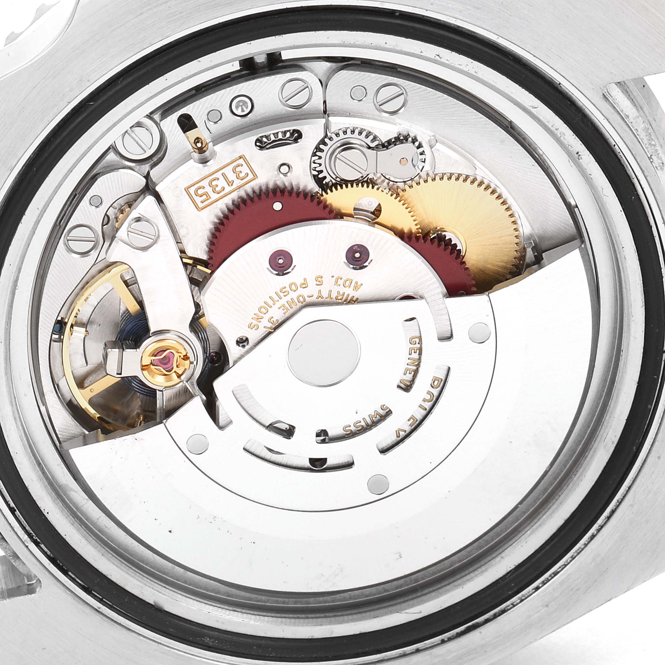 This image shows the intricate internal mechanism and movement of a Rolex Submariner 116610 Men
s Stainless Steel Black Dial 116610 Men
s Stainless Steel Black Dial watch from a rear angle.