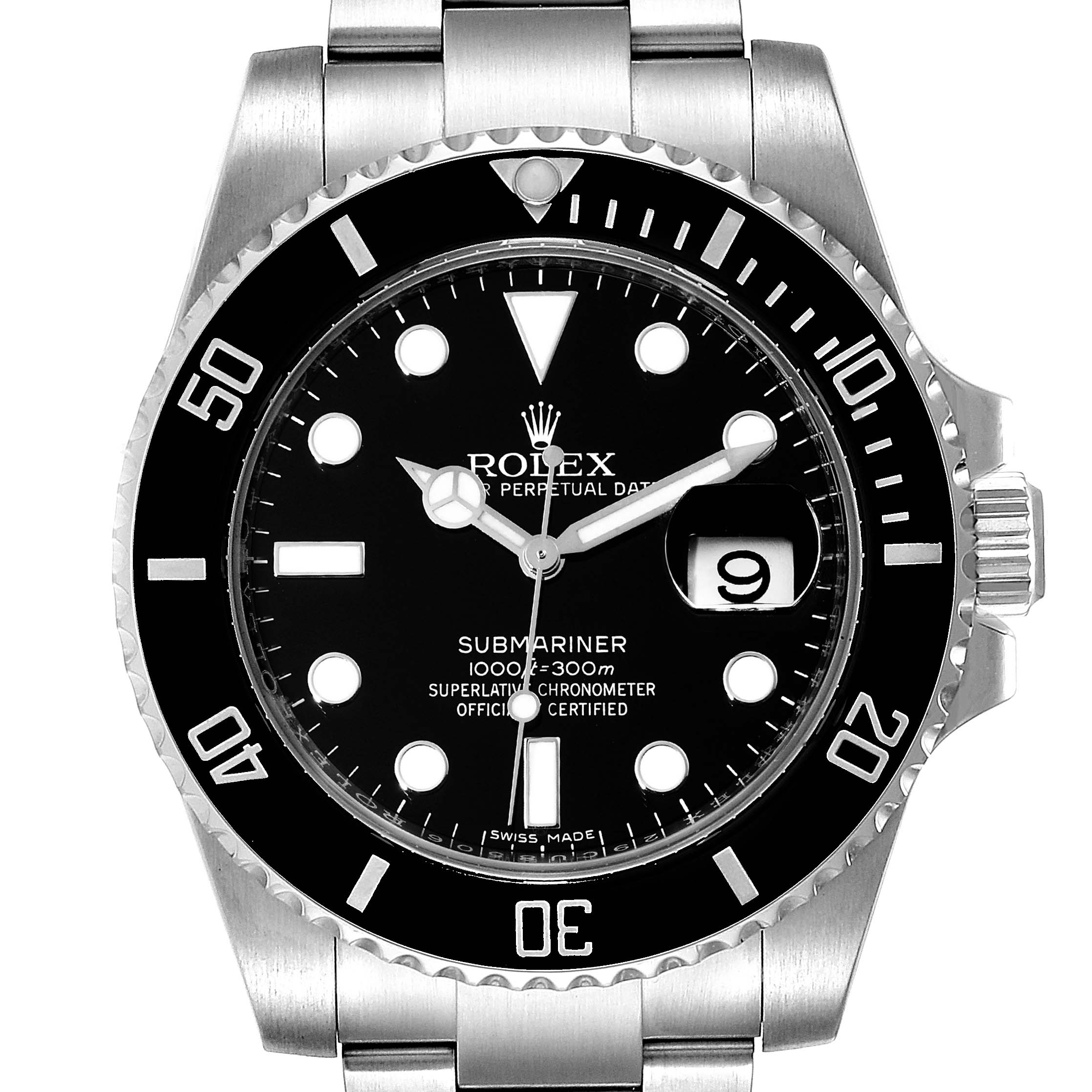 The angle shows the face of the Rolex Submariner 116610 Men
s Stainless Steel Black Dial 116610 Men
s Stainless Steel Black Dial watch, highlighting its bracelet, bezel, dial, and date window.