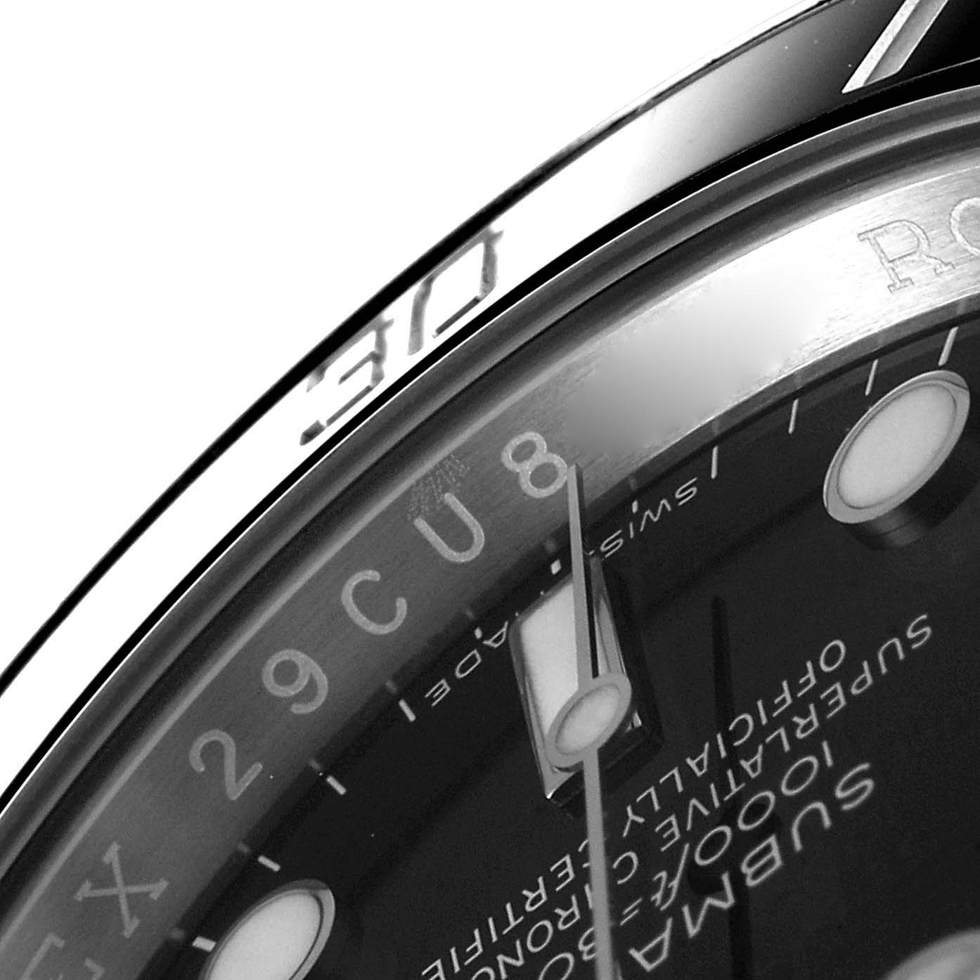 This close-up angle of the Rolex Submariner 116610 Men
s Stainless Steel Black Dial 116610 Men
s Stainless Steel Black Dial highlights parts of the dial, inscription, and a glimpse of the bezel.