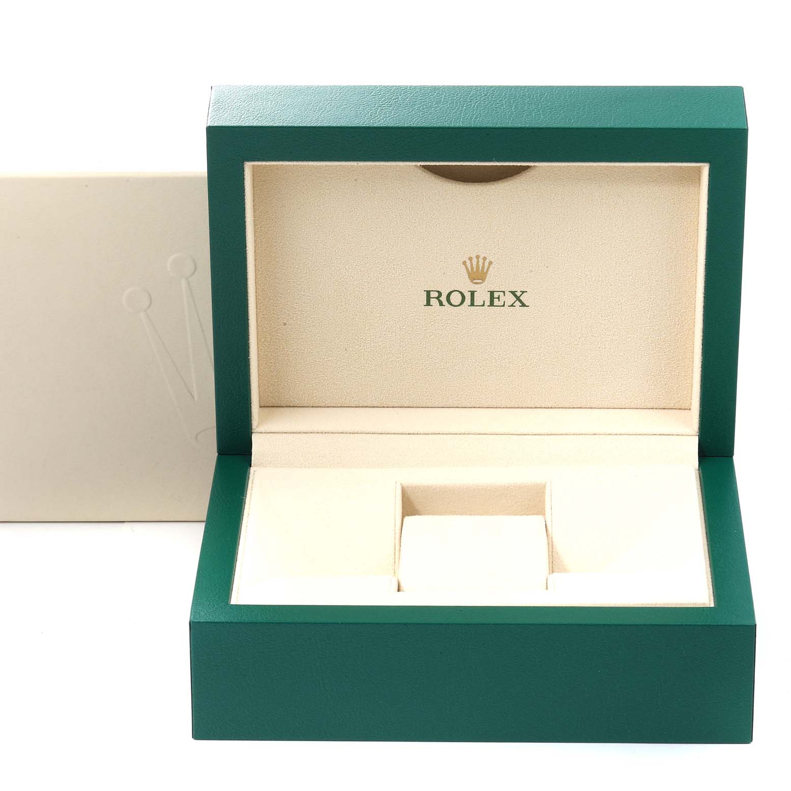 The image shows an open green Rolex watch box with "Rolex" branding, designed for the Submariner model.