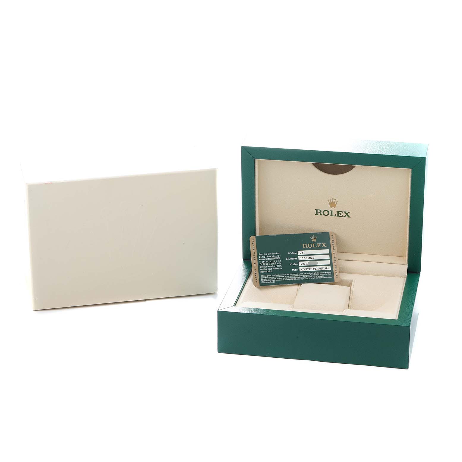The image shows a Rolex Submariner 116610LV Men
s Stainless Steel Green Dial packaging with an open green box and a warranty card inside.