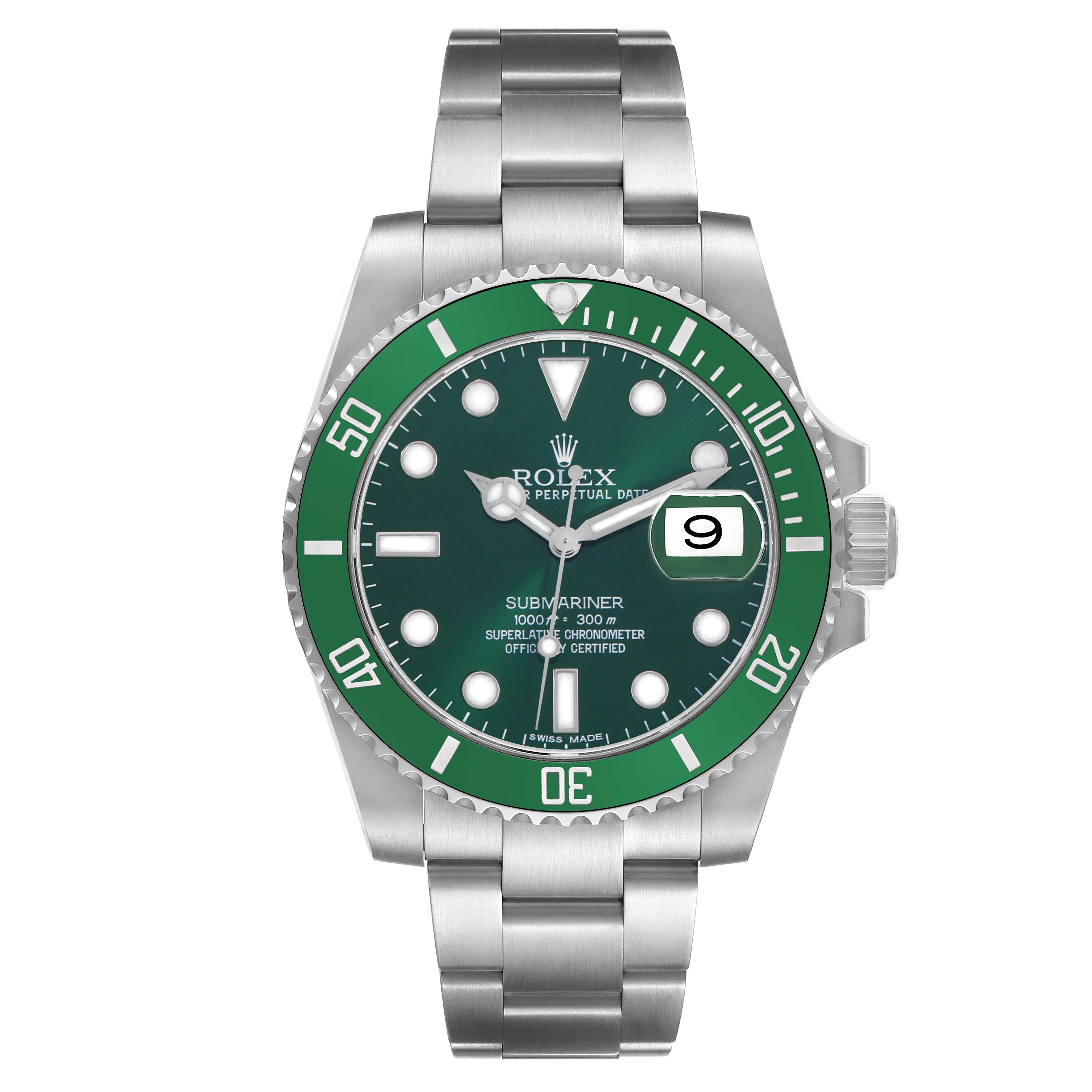 The Rolex Submariner 116610LV Men
s Stainless Steel Green Dial watch is shown from the front, displaying its green dial, bezel, bracelet, and date function.