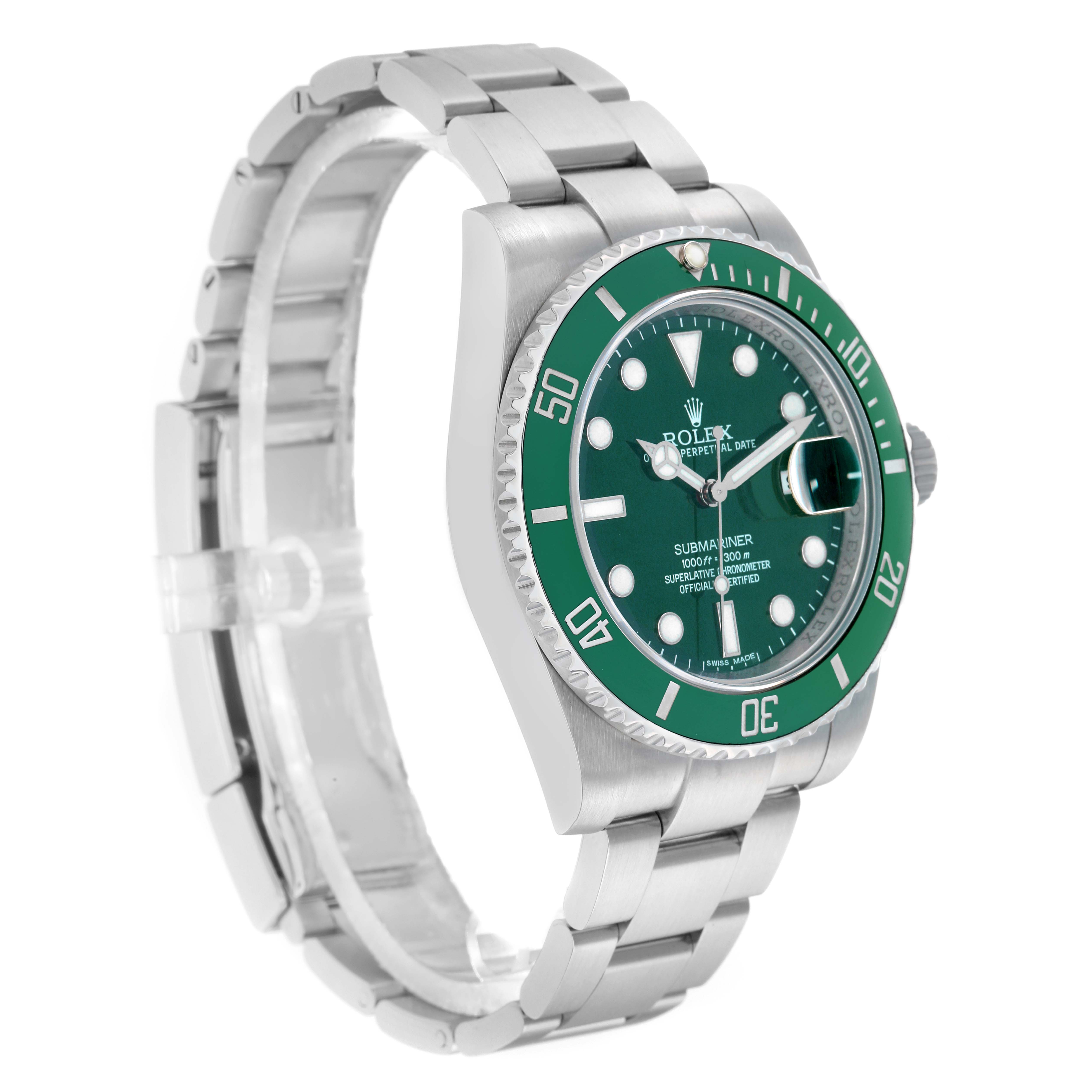 The Rolex Submariner 116610LV Men
s Stainless Steel Green Dial watch is shown at an angled side view, displaying the green bezel, dial, and stainless steel bracelet.