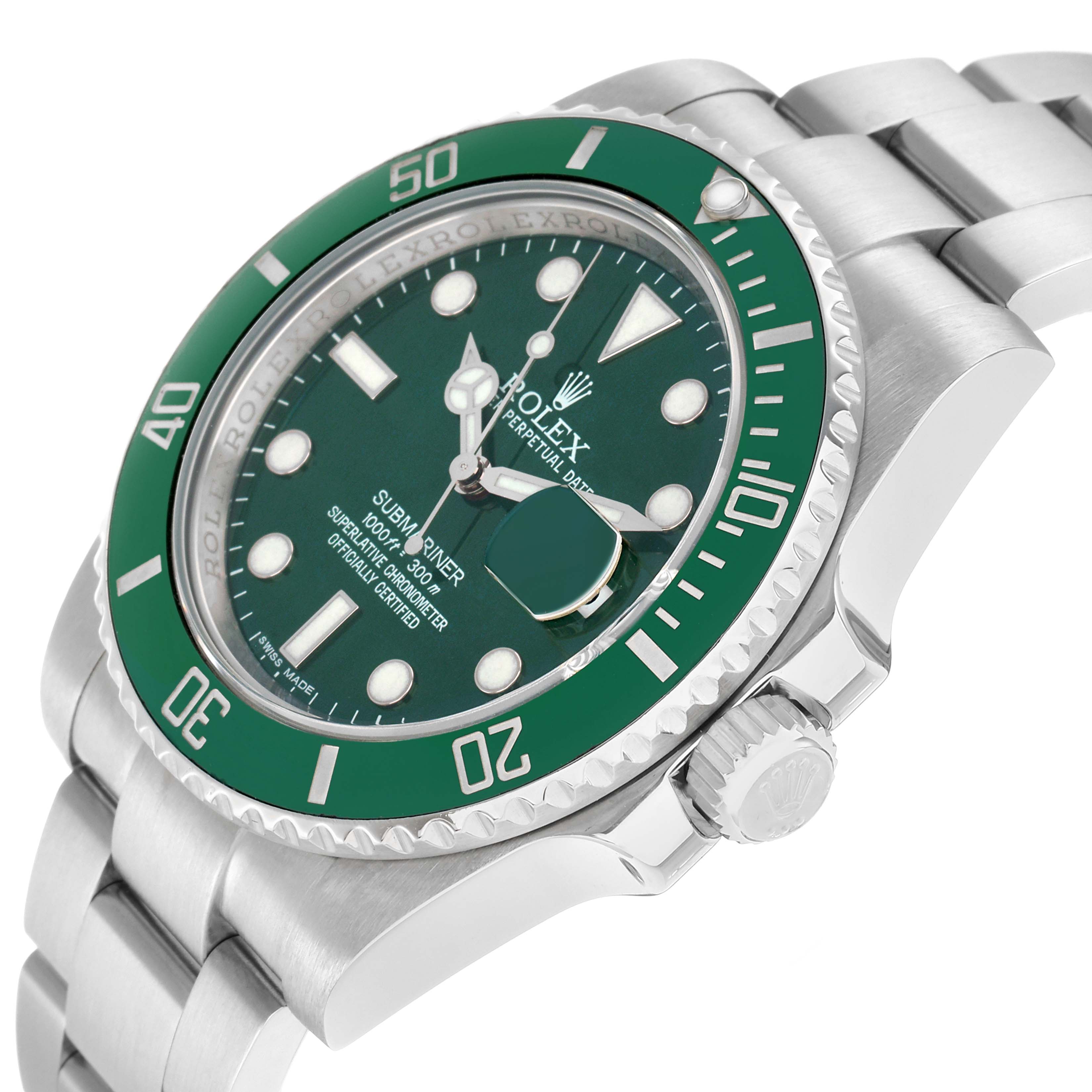 The Rolex Submariner 116610LV Men
s Stainless Steel Green Dial is shown at an angled side view, highlighting the green bezel, crown, and bracelet links.