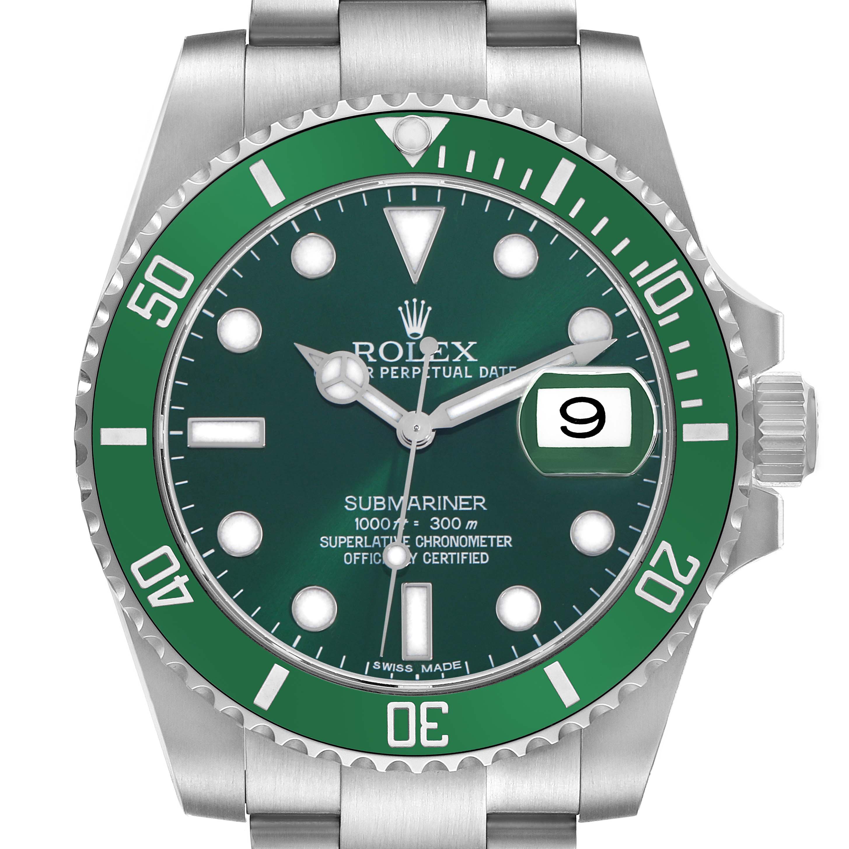 The Rolex Submariner 116610LV Men
s Stainless Steel Green Dial watch is shown from the front, displaying its green bezel, dial, crown, and part of the bracelet.