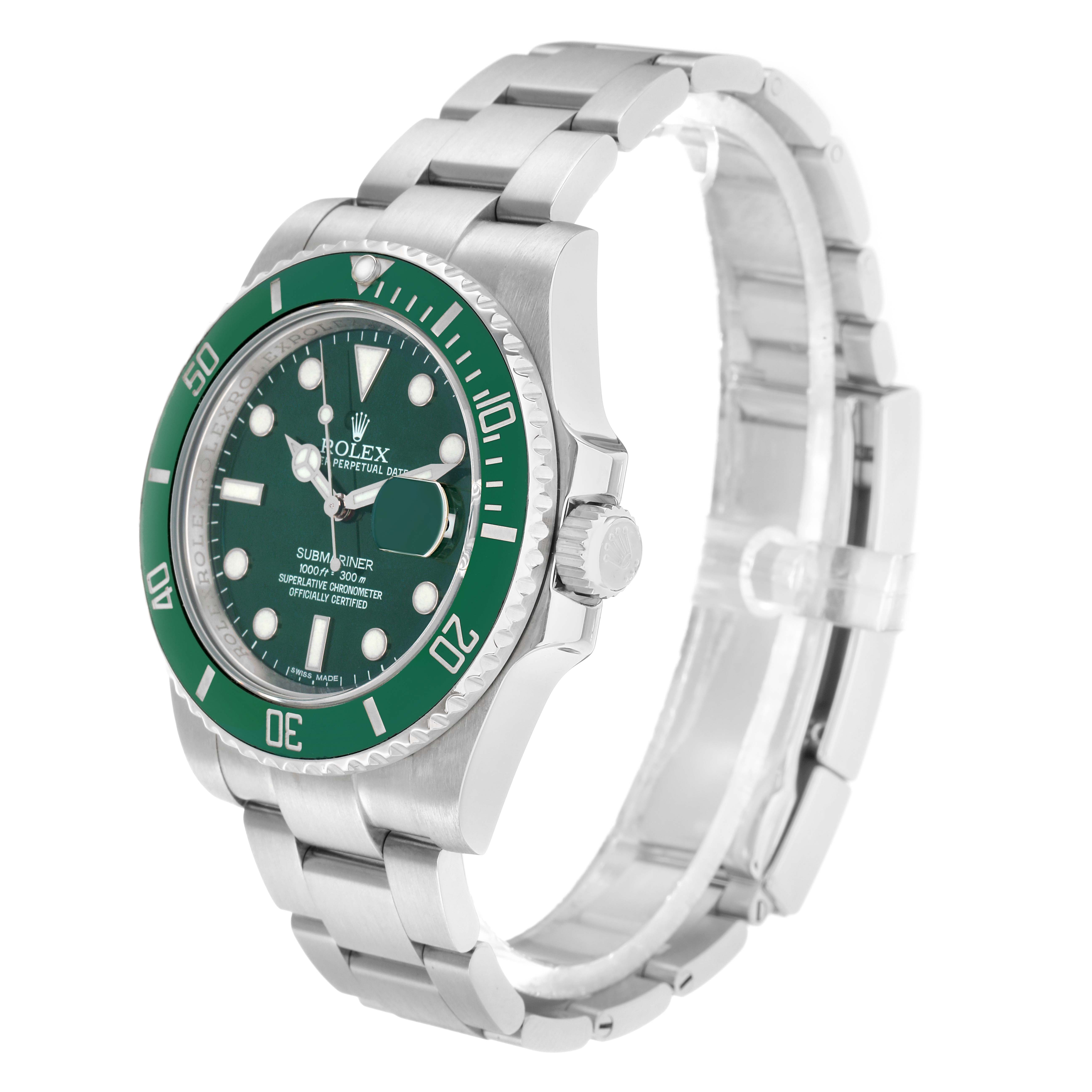 The Rolex Submariner 116610LV Men
s Stainless Steel Green Dial watch is shown at a three-quarter angle highlighting the face, bezel, casing, and bracelet.