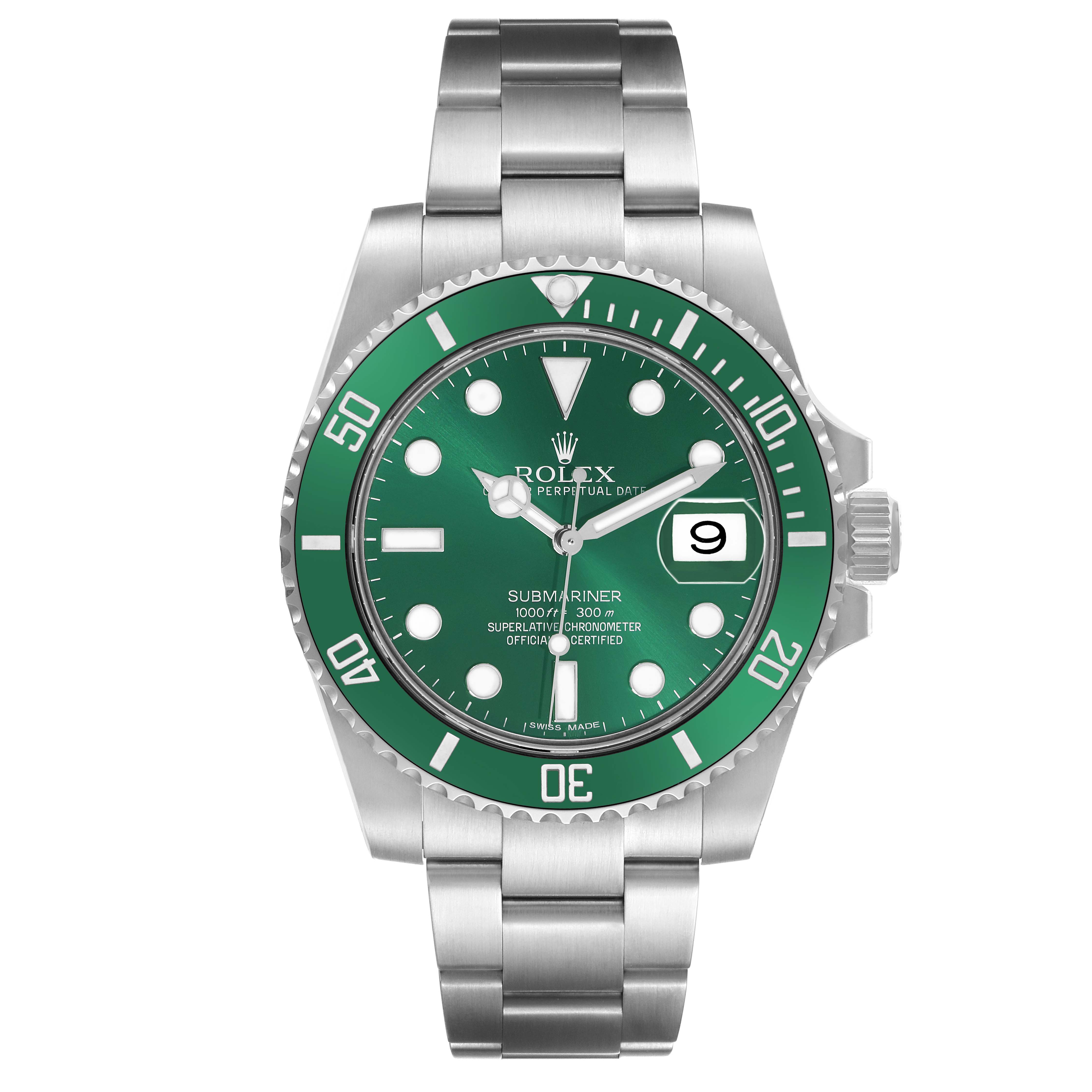 The Rolex Submariner 116610LV Men
s Stainless Steel Green Dial watch is shown from a front angle, displaying the green dial, bezel, and stainless steel bracelet.