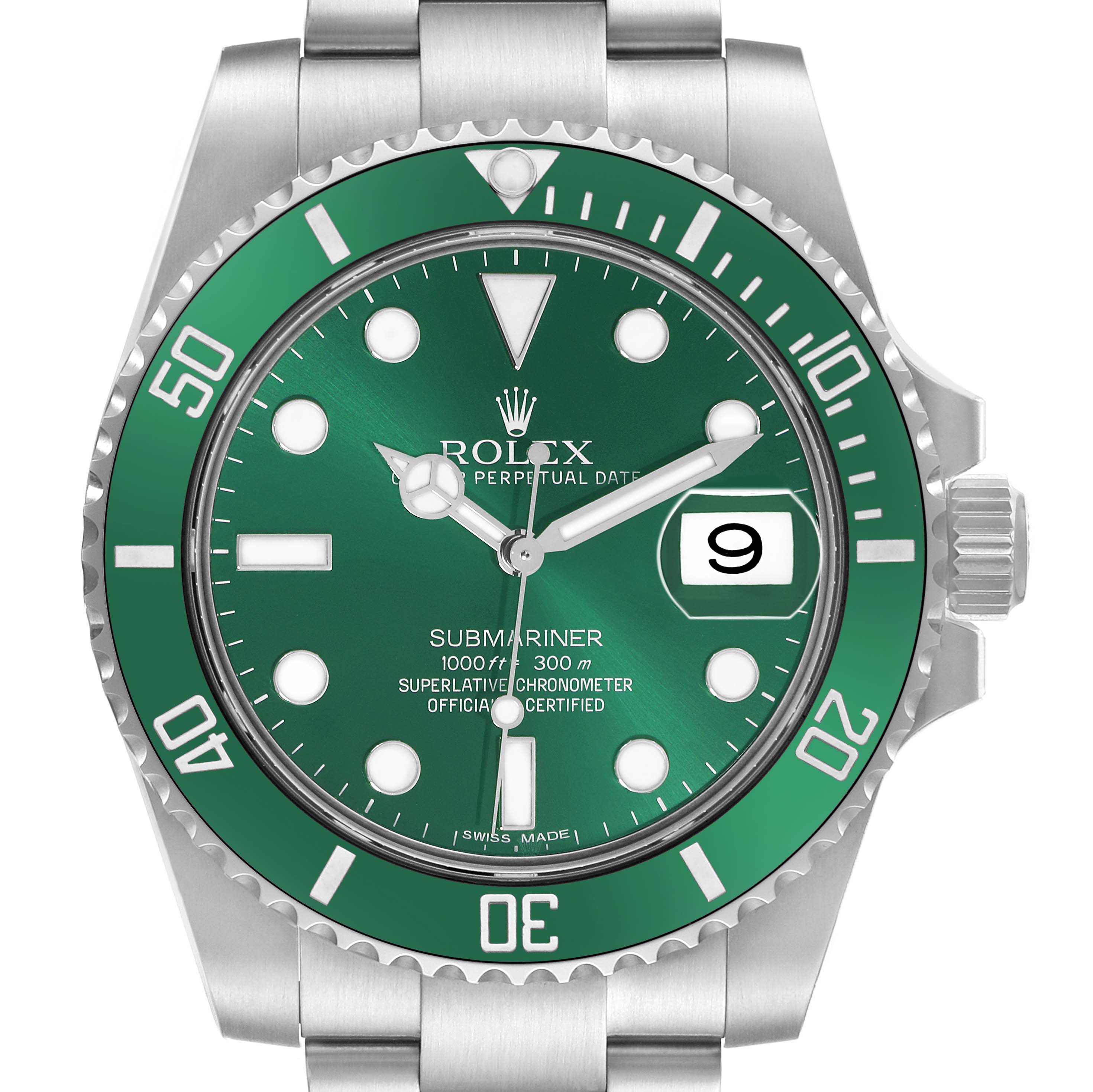 The Rolex Submariner 116610LV Men
s Stainless Steel Green Dial is shown from the front, displaying the dial, bezel, crown, and part of the bracelet.
