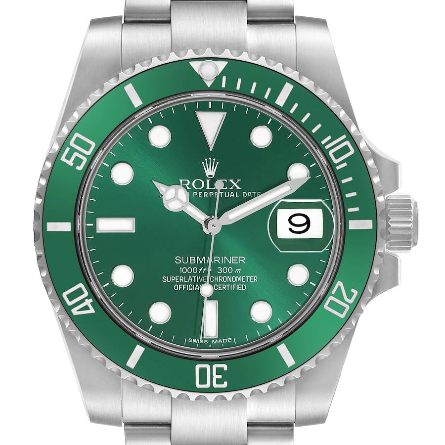 The Rolex Submariner 116610LV Men's Stainless Steel Green Dial is shown from the front, displaying the dial, bezel, crown, and part of the bracelet.