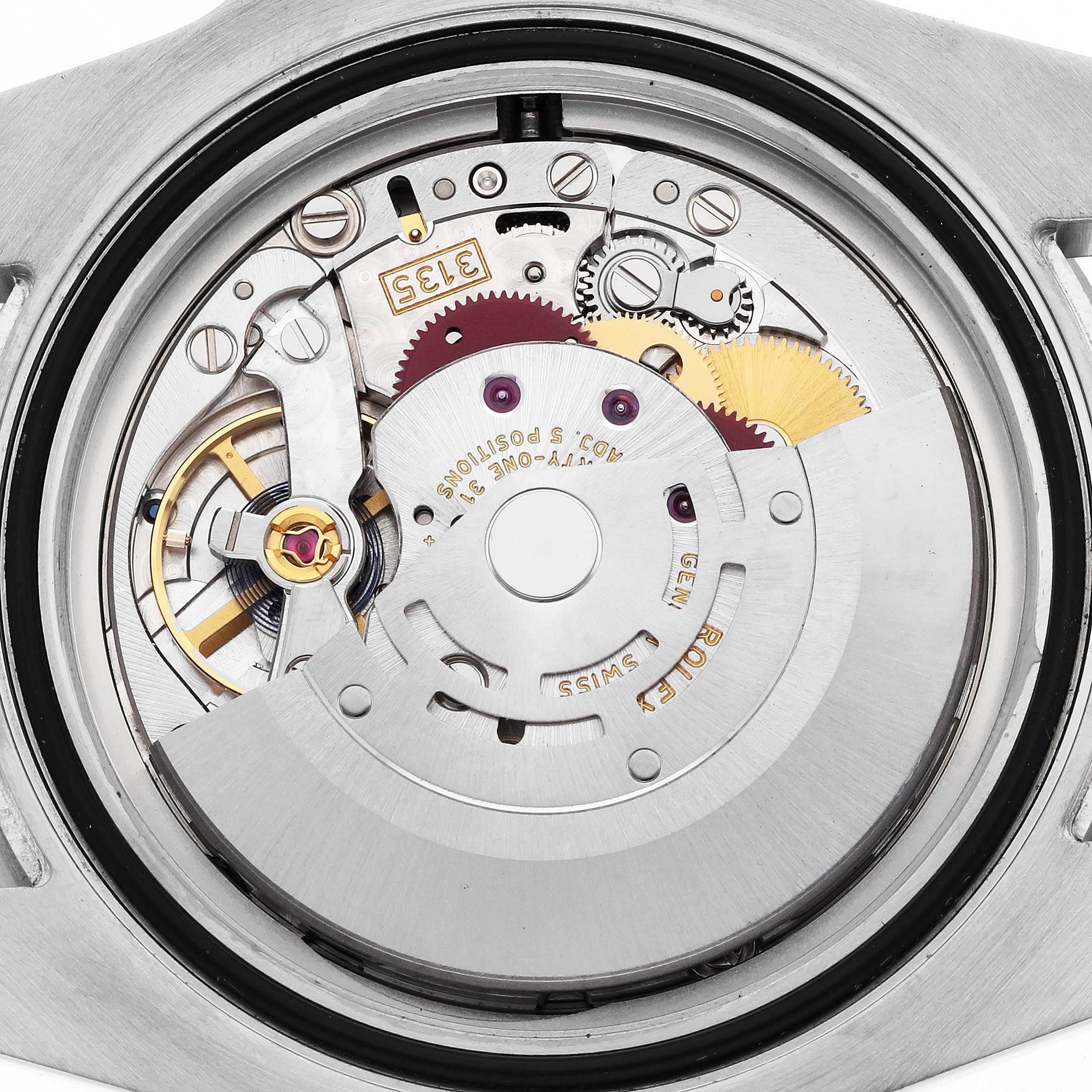 The image shows the inner mechanical movement of a Rolex Submariner 116610LV Men
s Stainless Steel Green Dial, including gears and balance wheel from a top-down view.