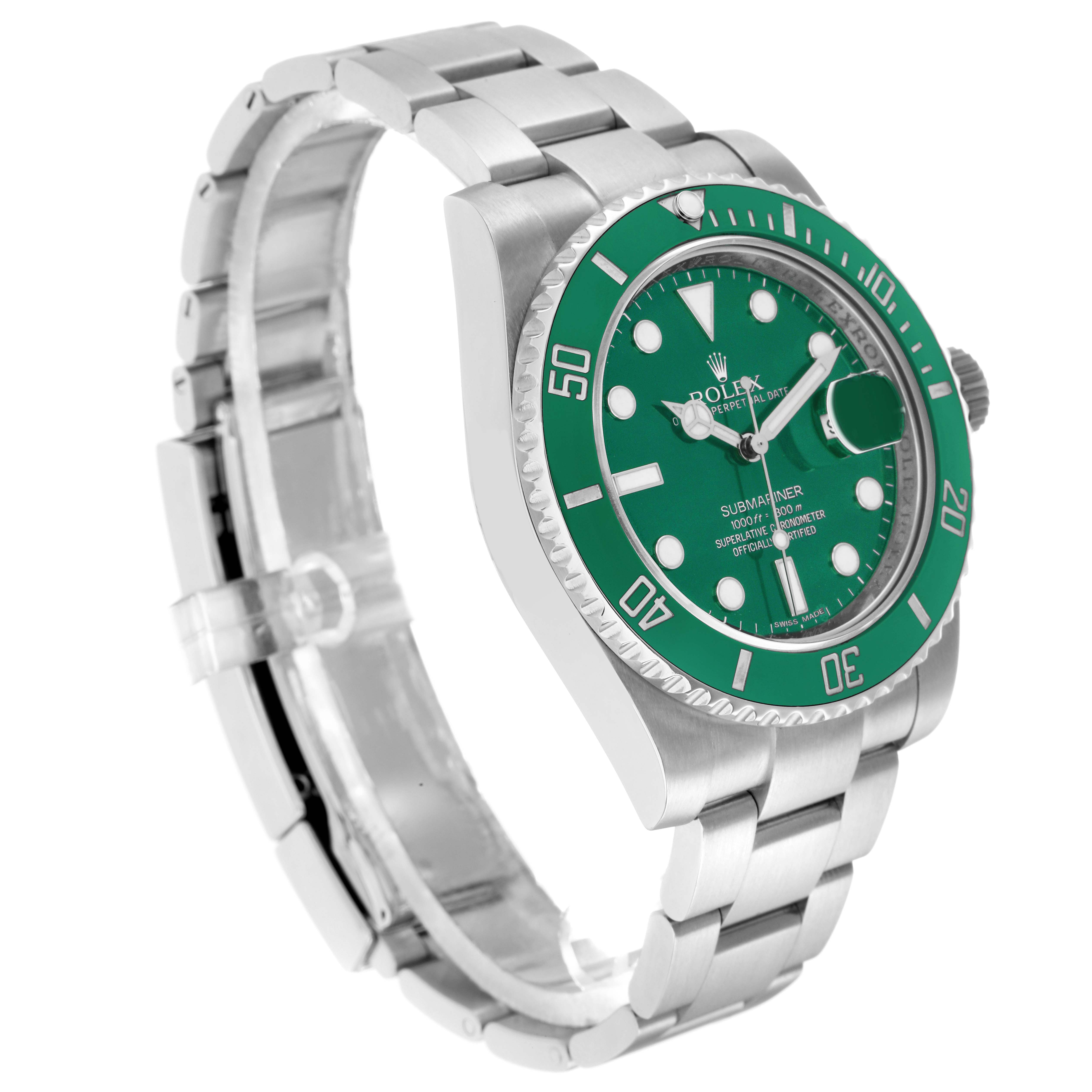 The Rolex Submariner 116610LV Men
s Stainless Steel Green Dial is shown at a three-quarter angle, highlighting the green bezel, green dial, and stainless steel bracelet.