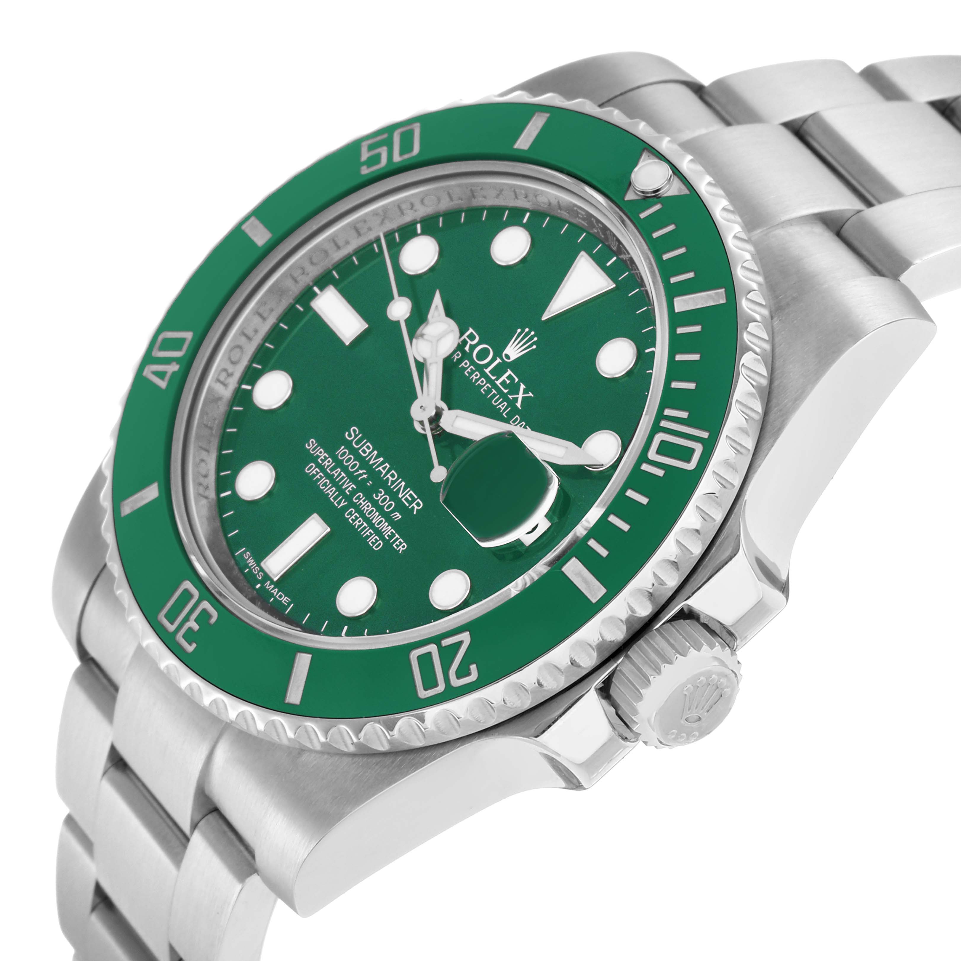 The Rolex Submariner 116610LV Men
s Stainless Steel Green Dial watch is shown at an angle highlighting the green bezel, dial, and part of the strap.
