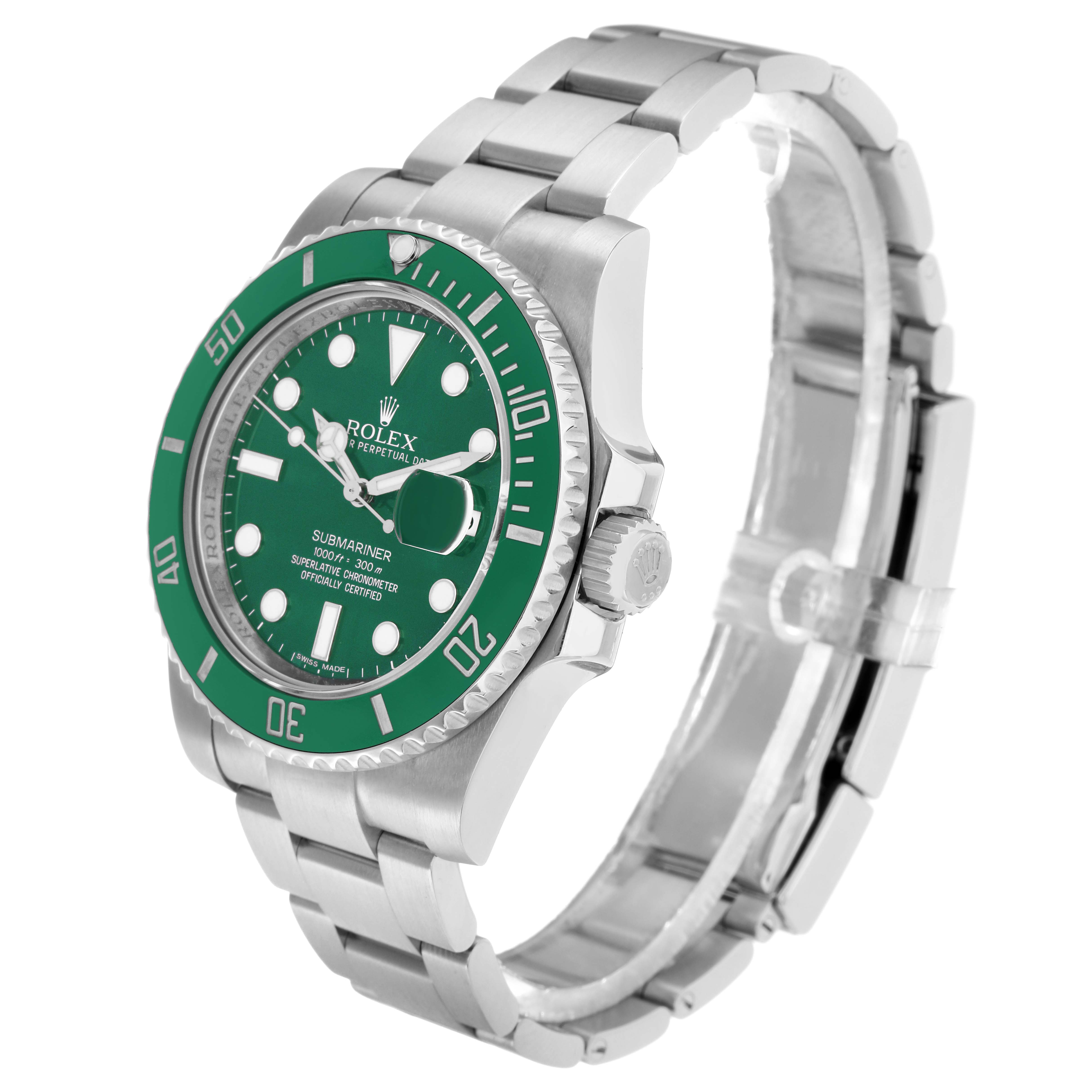 The Rolex Submariner 116610LV Men
s Stainless Steel Green Dial watch is shown at a front-left angle, highlighting the bezel, dial, and bracelet.