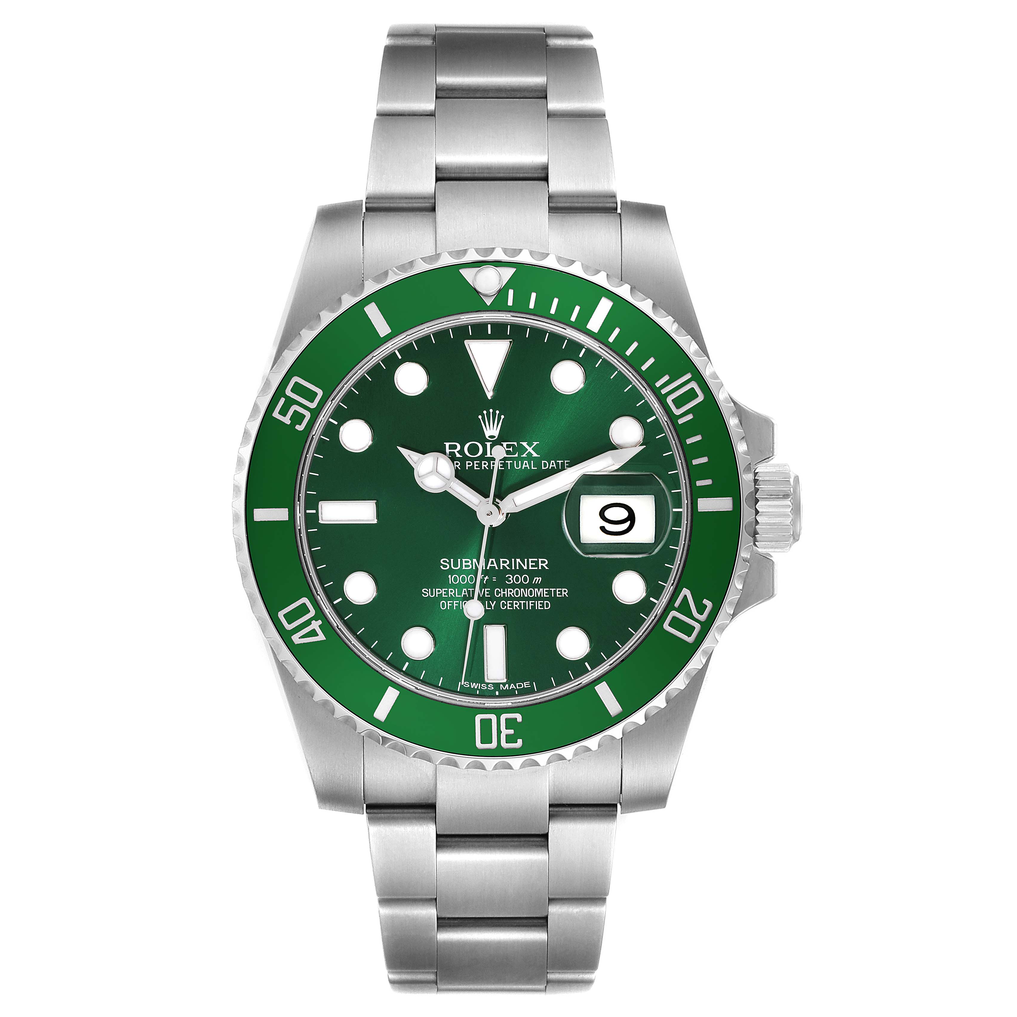 The image shows a front view of a Rolex Submariner 116610LV Men
s Stainless Steel Green Dial 116610LV Men
s Stainless Steel Green Dial watch featuring a green bezel and dial with a date display.