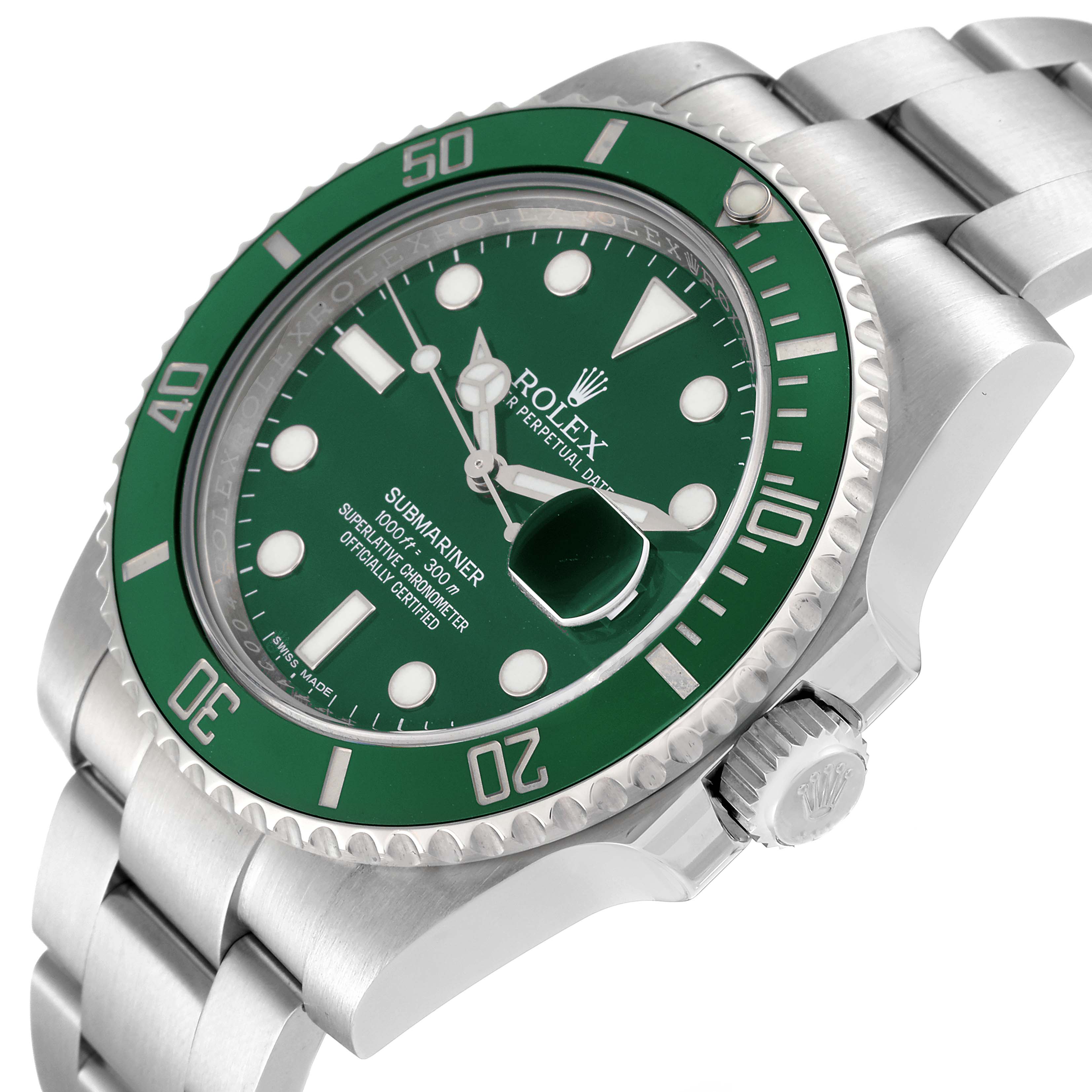 The image shows a close-up angle of a Rolex Submariner 116610LV Men
s Stainless Steel Green Dial 116610LV Men
s Stainless Steel Green Dial watch, highlighting the green bezel, dial, crown, and part of the bracelet.