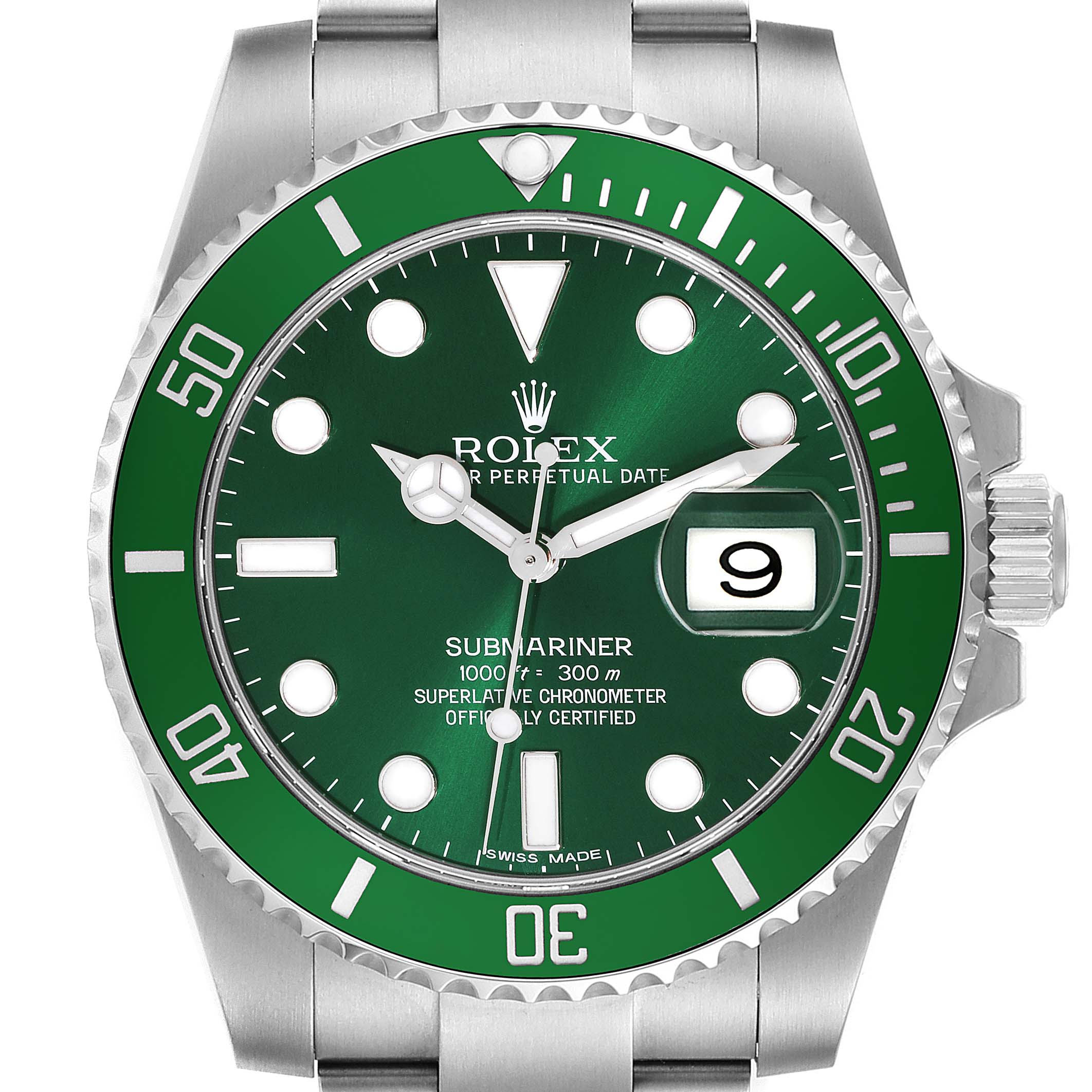 The image shows a front view of the Rolex Submariner 116610LV Men
s Stainless Steel Green Dial 116610LV Men
s Stainless Steel Green Dial watch, displaying the dial, bezel, and part of the bracelet.