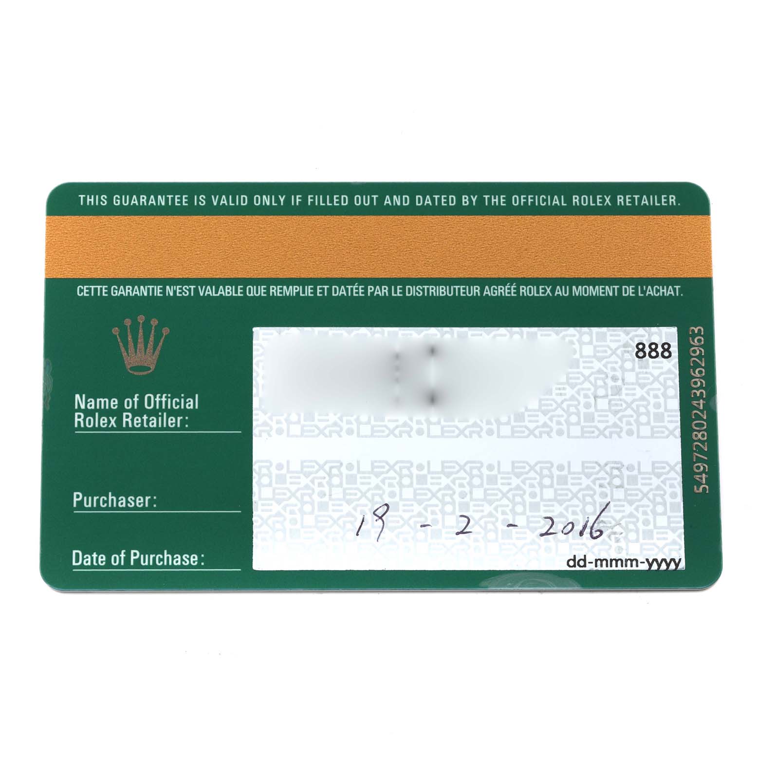 The image shows a front view of a guarantee card for the Rolex Submariner 116610LV Men
s Stainless Steel Green Dial 116610LV Men
s Stainless Steel Green Dial watch.