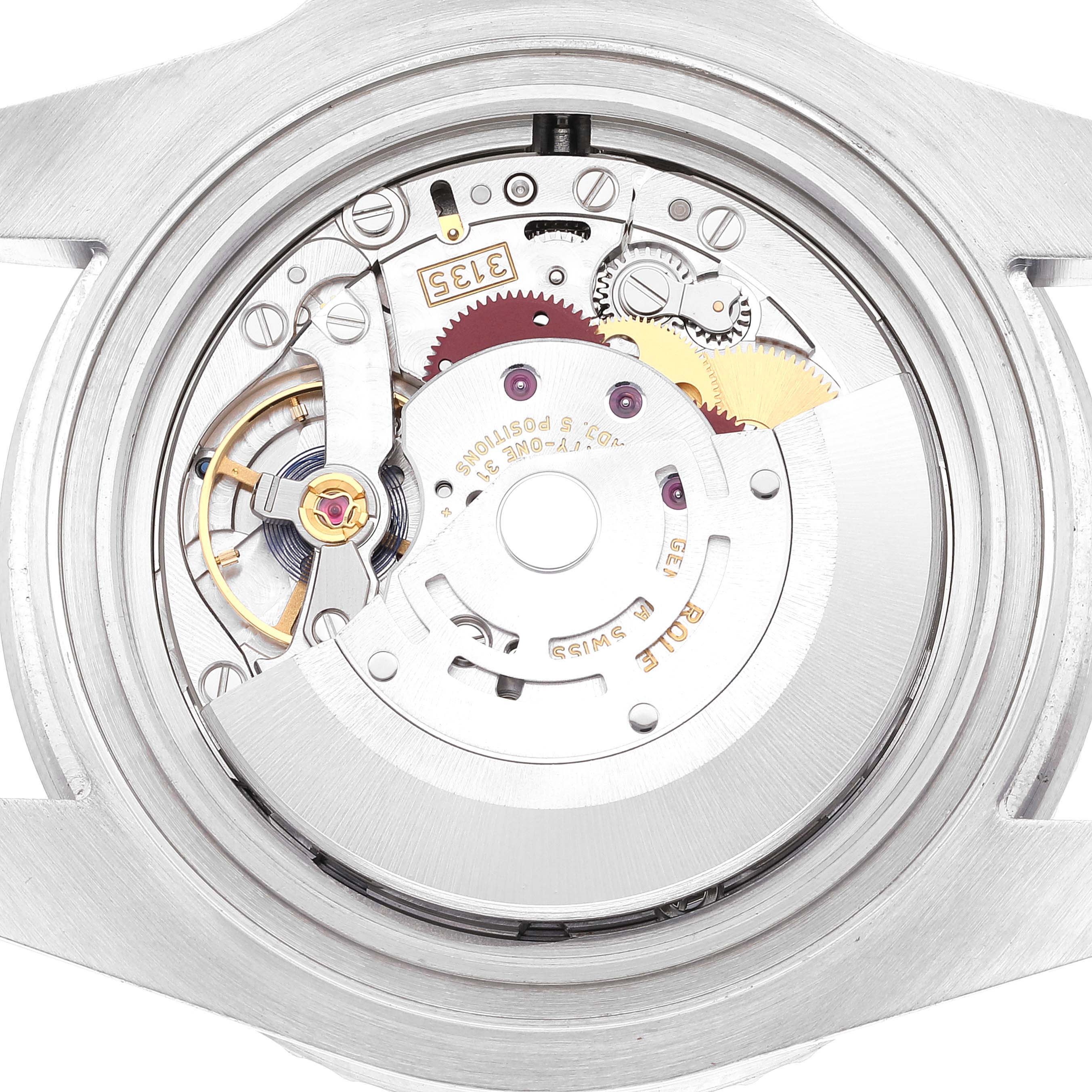 This image shows the internal mechanical movement of a Rolex Submariner 116610LV Men
s Stainless Steel Green Dial 116610LV Men
s Stainless Steel Green Dial watch from a top-down angle.