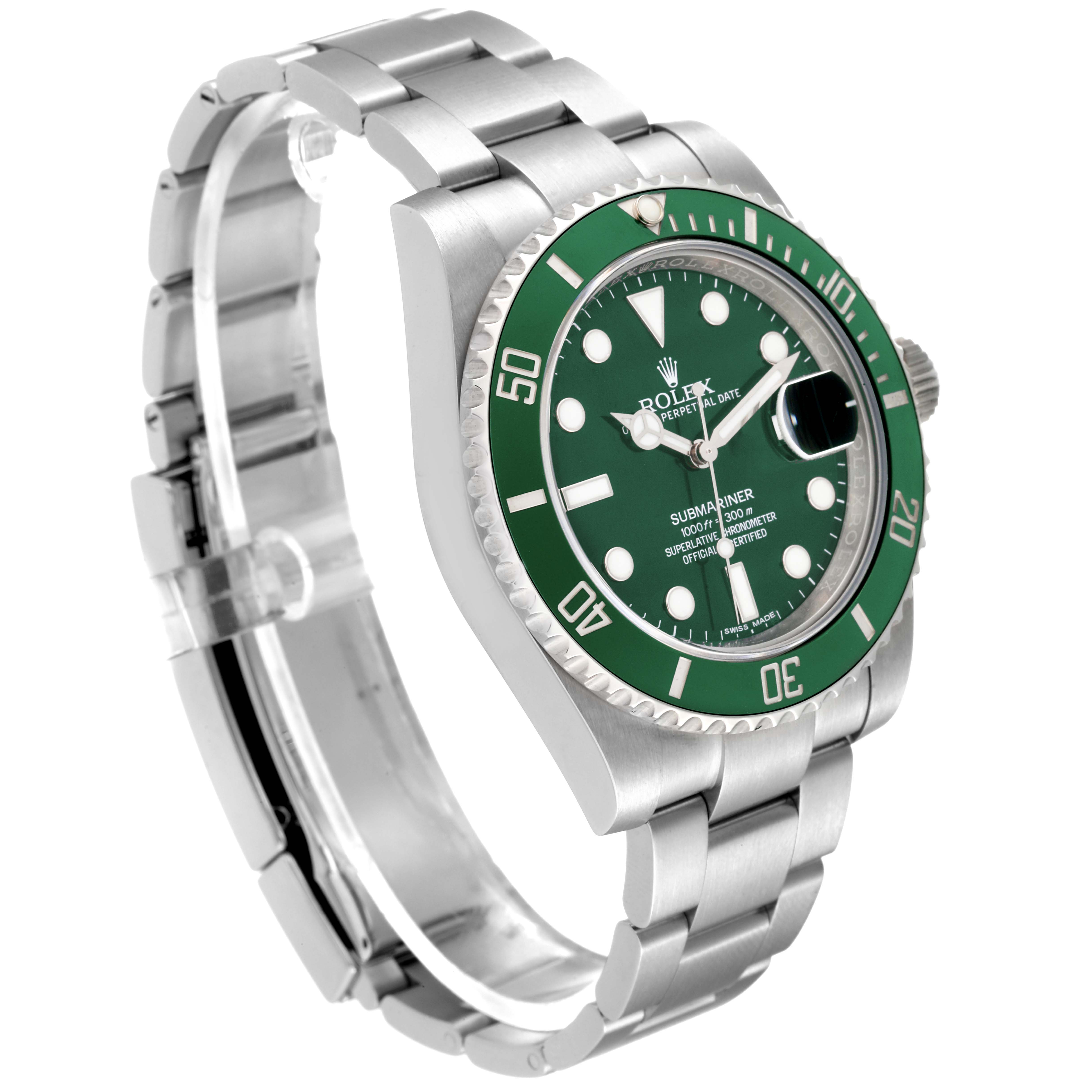 This image shows a Rolex Submariner 116610LV Men
s Stainless Steel Green Dial 116610LV Men
s Stainless Steel Green Dial watch from a three-quarter angle, highlighting the bezel, dial, bracelet, and clasp.