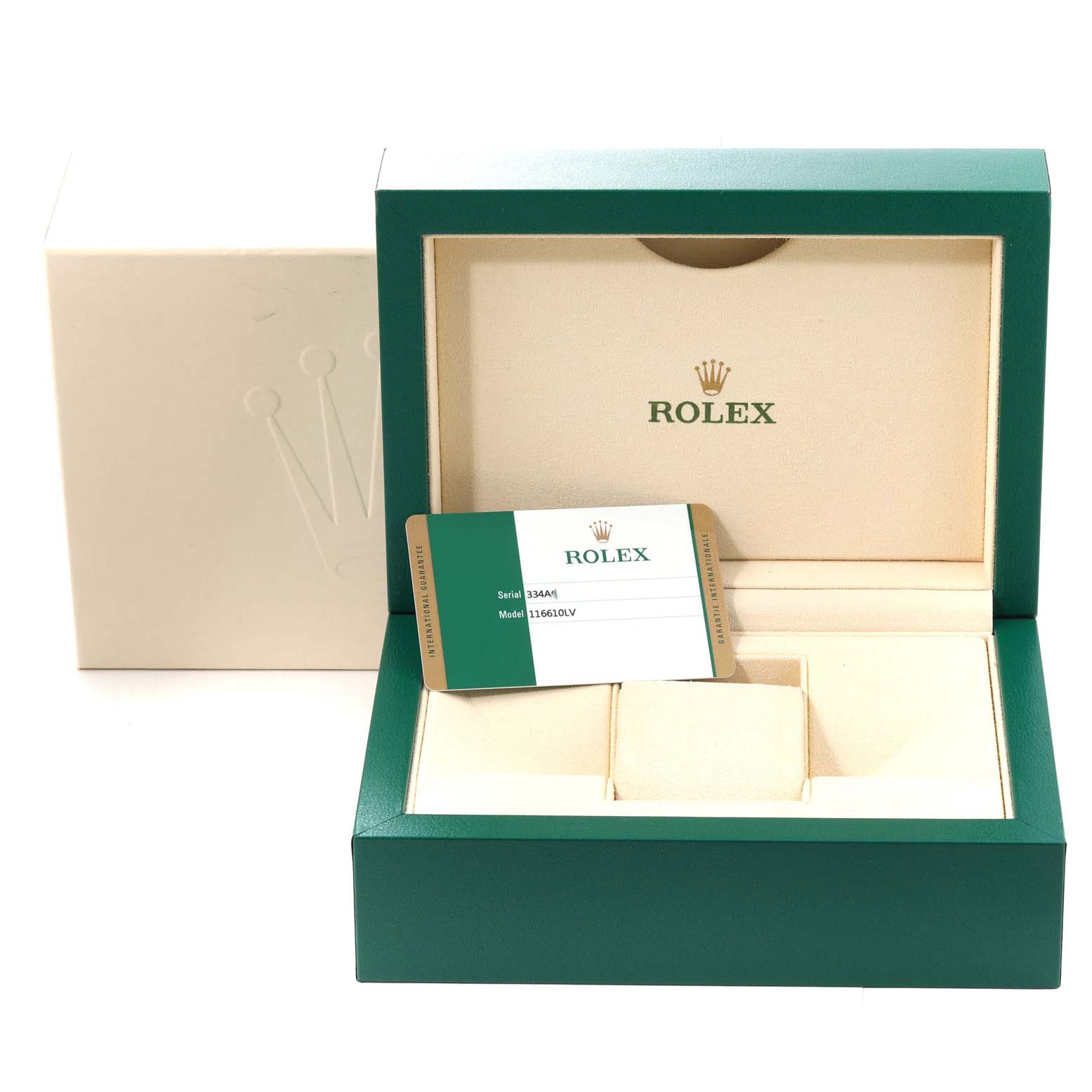 The image displays the box and warranty card of a Rolex Submariner 116610LV Men
s Stainless Steel Green Dial 116610LV Men
s Stainless Steel Green Dial 116610LV watch.