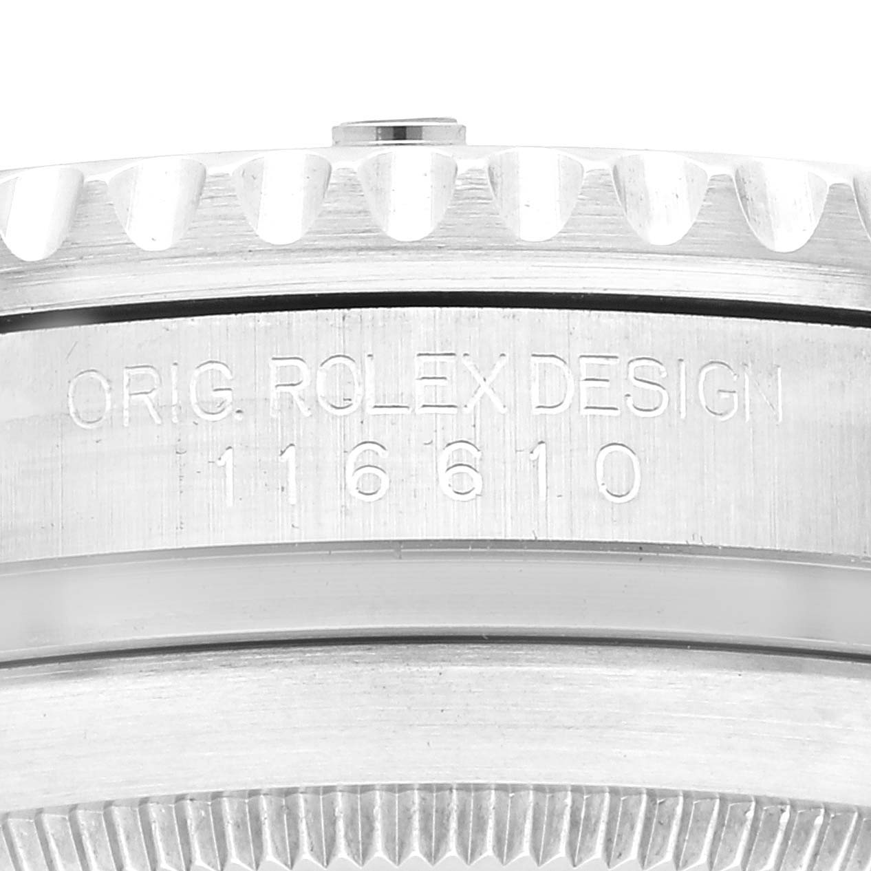 The image shows a close-up of the case side and bezel of a Rolex Submariner 116610LV Men
s Stainless Steel Green Dial 116610LV Men
s Stainless Steel Green Dial, with the engraved model number.