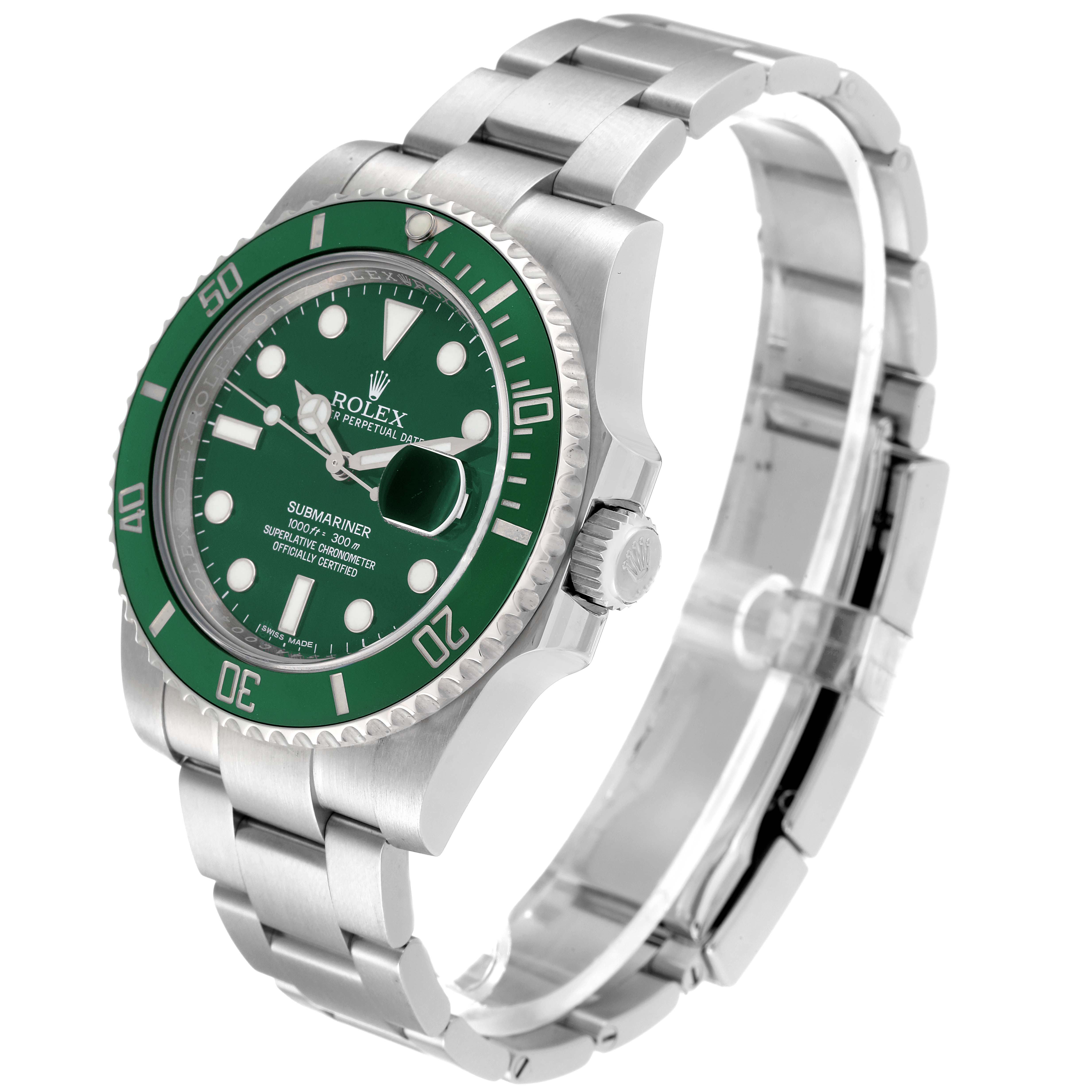 This image shows a Rolex Submariner 116610LV Men
s Stainless Steel Green Dial 116610LV Men
s Stainless Steel Green Dial watch at an angled side view, highlighting its green dial, bezel, and stainless steel bracelet.