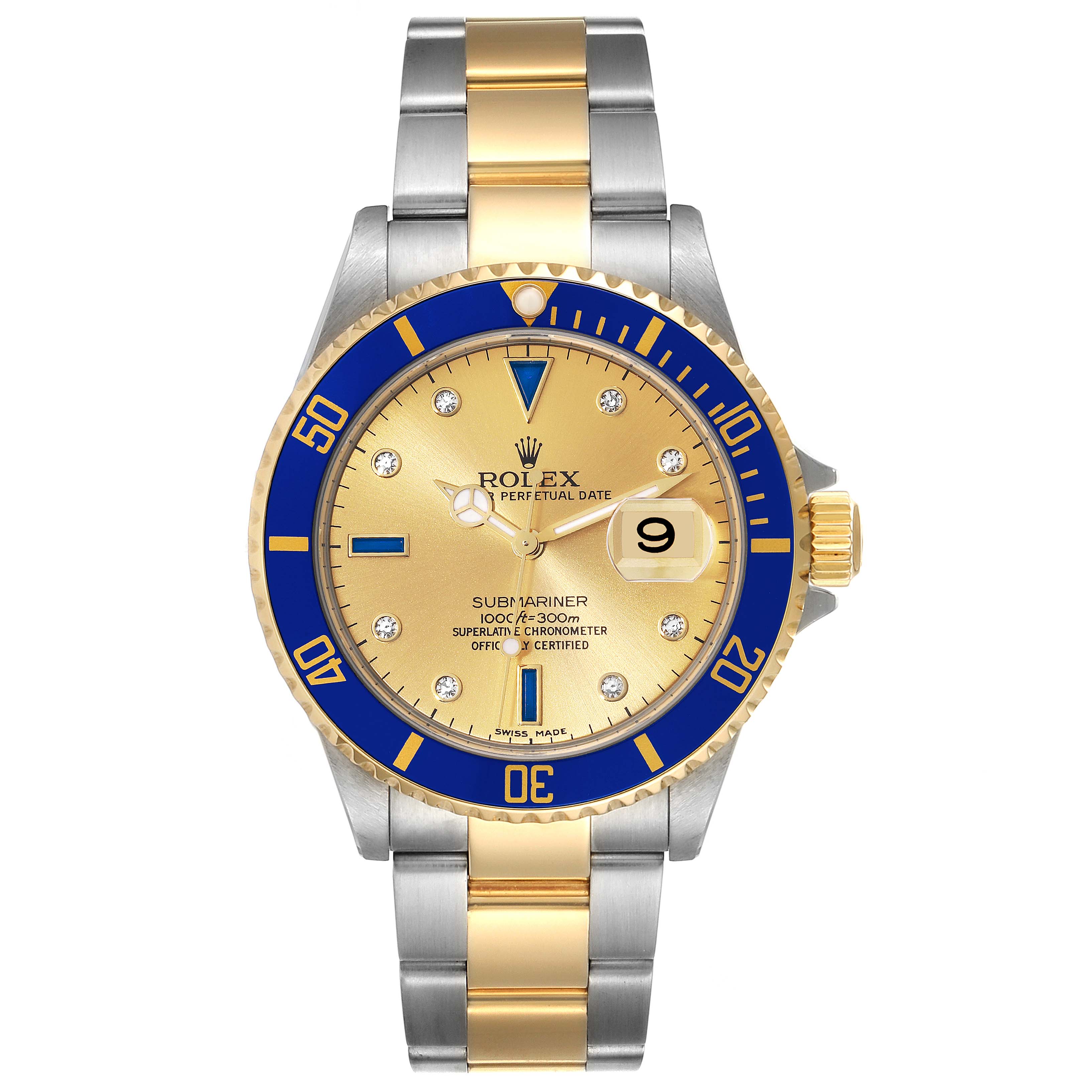 The image shows a front view of a Rolex Submariner 16613 Men's Steel and Gold (two tone) Champagne Dial 16613 Men's Steel and Gold (two tone) Champagne Dial watch with a gold dial, blue bezel, and two-tone metal bracelet.