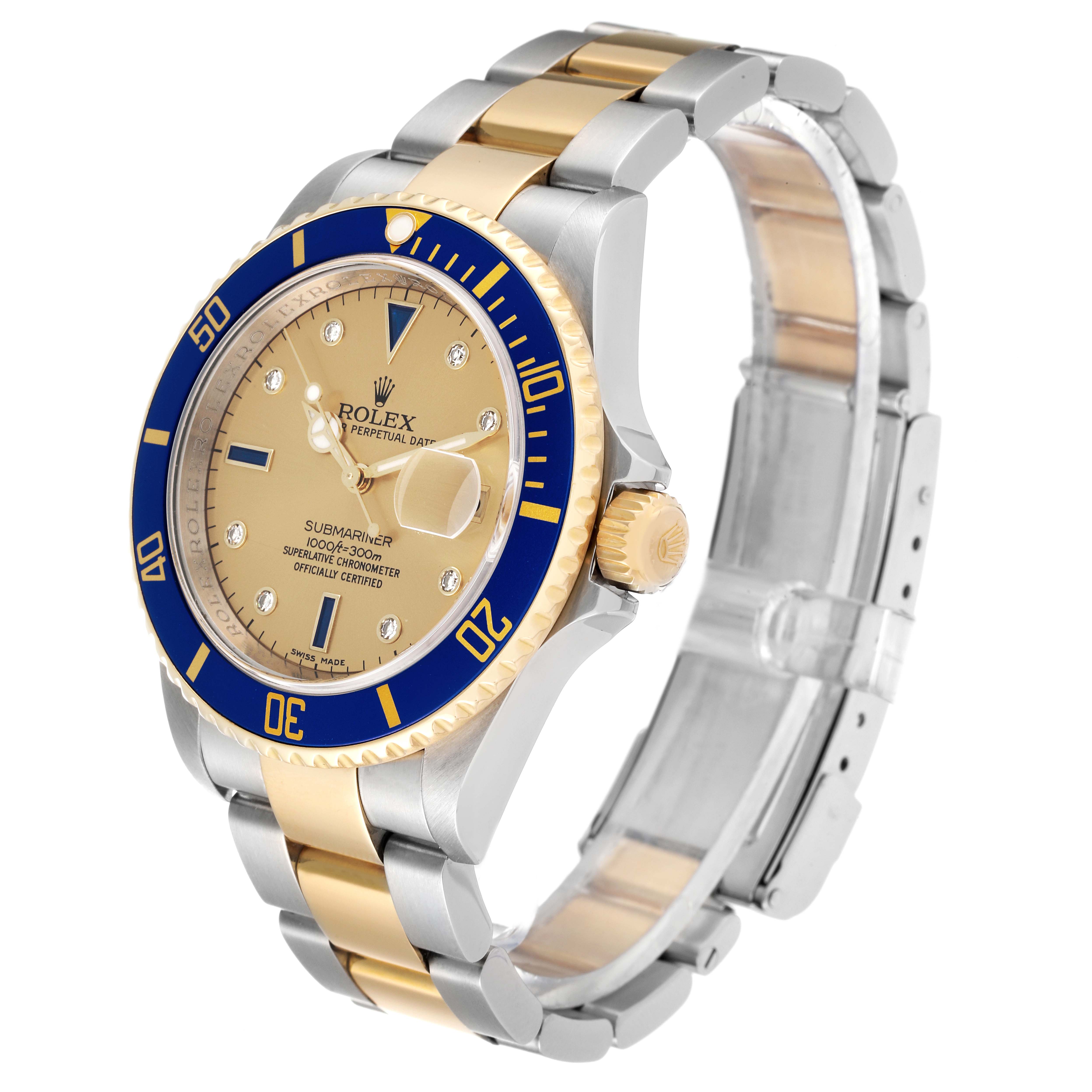 The image shows a Rolex Submariner 16613 Men's Steel and Gold (two tone) Champagne Dial 16613 Men's Steel and Gold (two tone) Champagne Dial watch at a slight left-angle, highlighting its bezel, dial, crown, and bracelet.