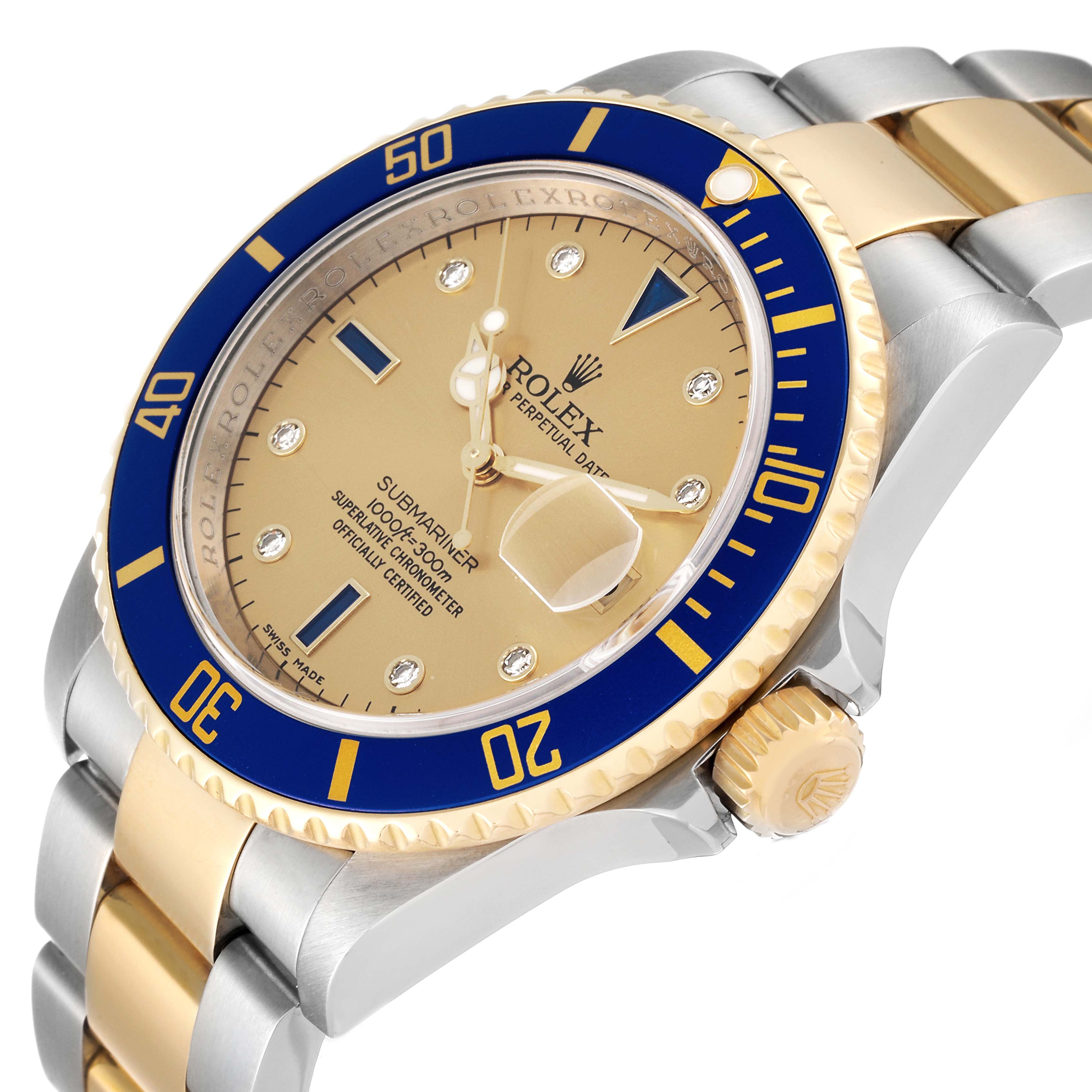 This image shows a side and partial top view of a Rolex Submariner 16613 Men's Steel and Gold (two tone) Champagne Dial 16613 Men's Steel and Gold (two tone) Champagne Dial watch, featuring a gold and blue bezel with a gold and silver bracelet.