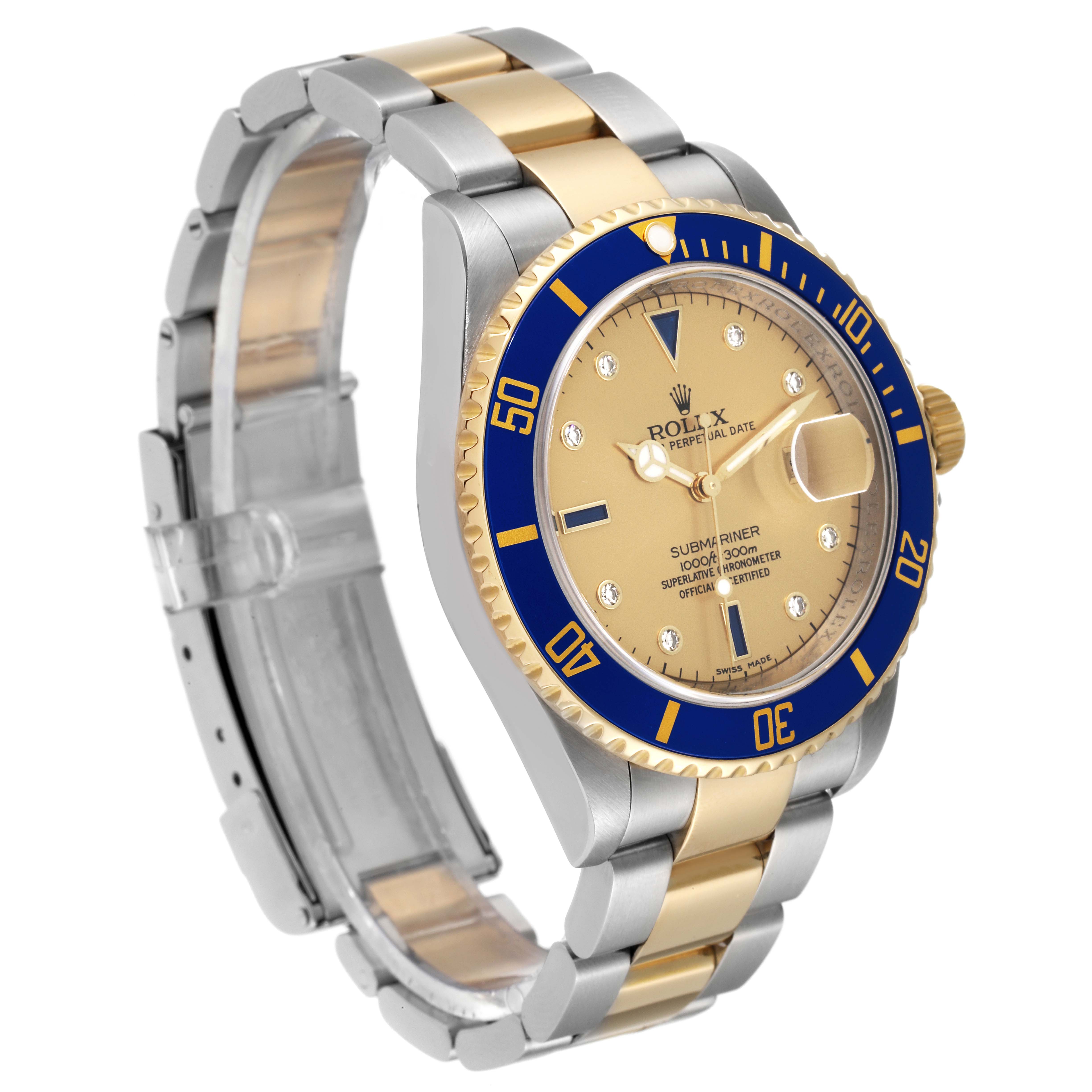 The image shows a Rolex Submariner 16613 Men's Steel and Gold (two tone) Champagne Dial 16613 Men's Steel and Gold (two tone) Champagne Dial watch at a three-quarter angle, highlighting its two-tone bracelet, blue bezel, and champagne dial.