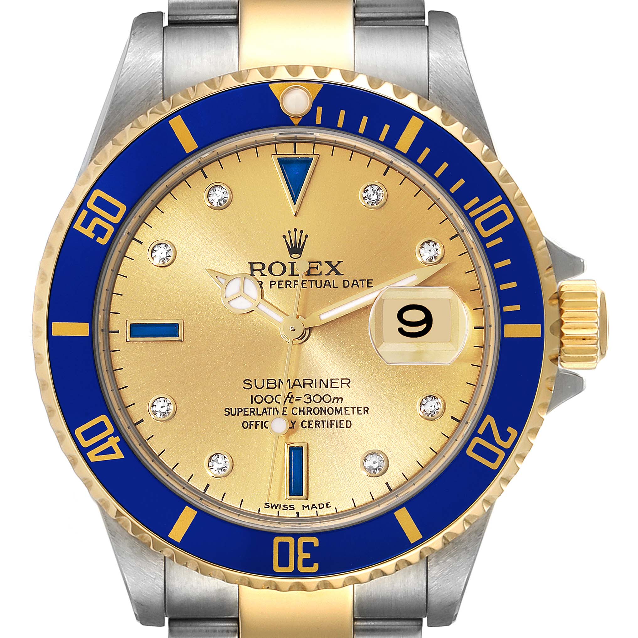 This Rolex Submariner 16613 Men's Steel and Gold (two tone) Champagne Dial 16613 Men's Steel and Gold (two tone) Champagne Dial watch is shown from a front angle, highlighting its dial, bezel, crown, and part of the bracelet.