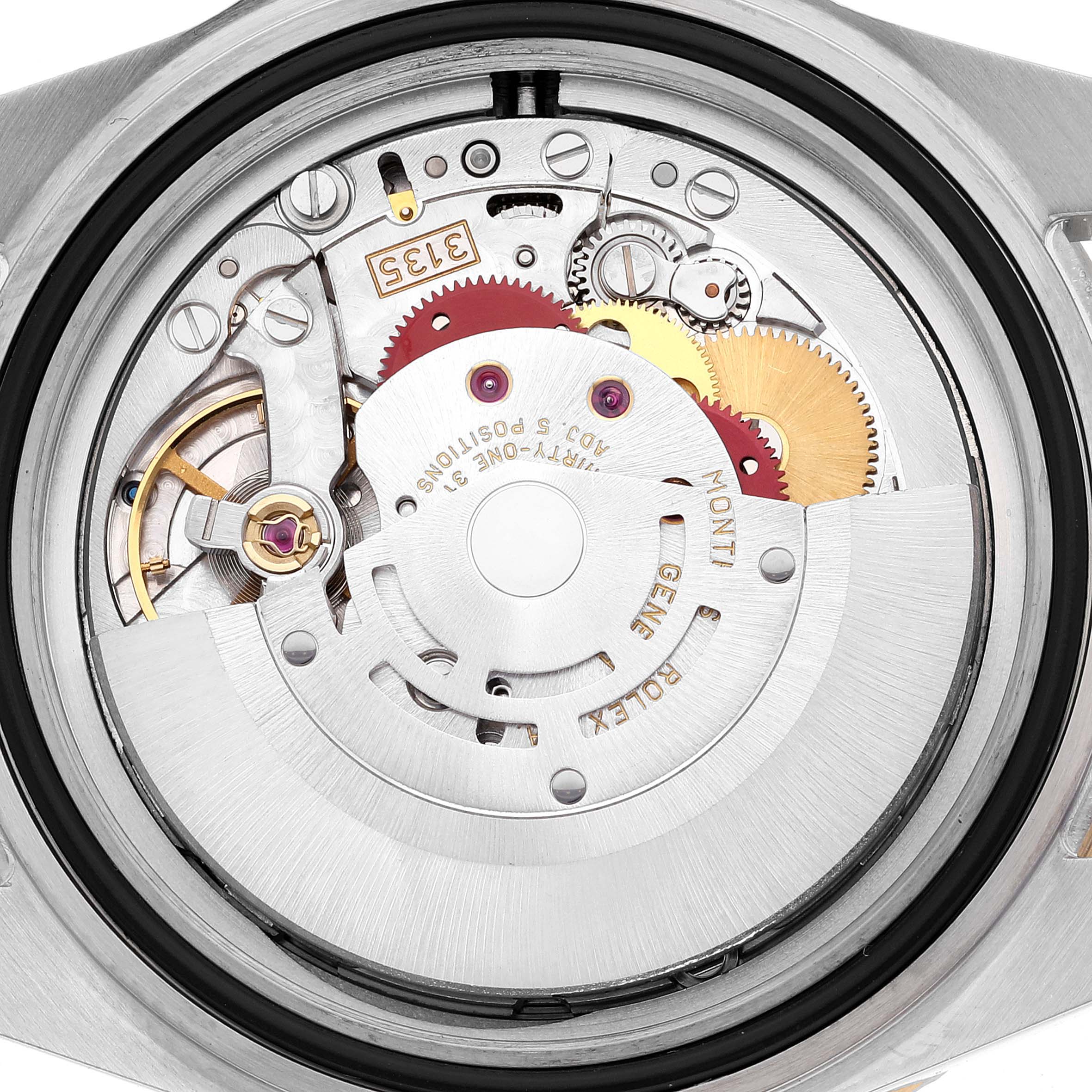 The image shows the intricate internal mechanism of a Rolex Submariner 16613 Men's Steel and Gold (two tone) Champagne Dial 16613 Men's Steel and Gold (two tone) Champagne Dial watch at a close-up angle.