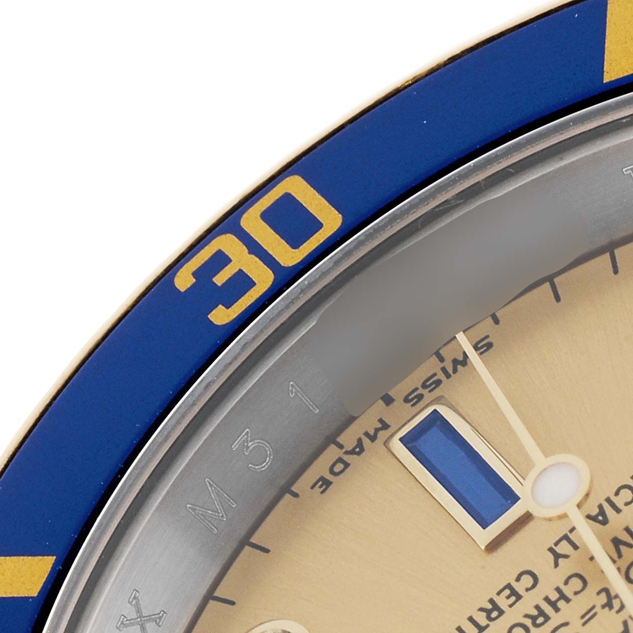 The image shows a close-up of the dial and bezel at the 30-minute mark on a Rolex Submariner 16613 Men's Steel and Gold (two tone) Champagne Dial 16613 Men's Steel and Gold (two tone) Champagne Dial watch.