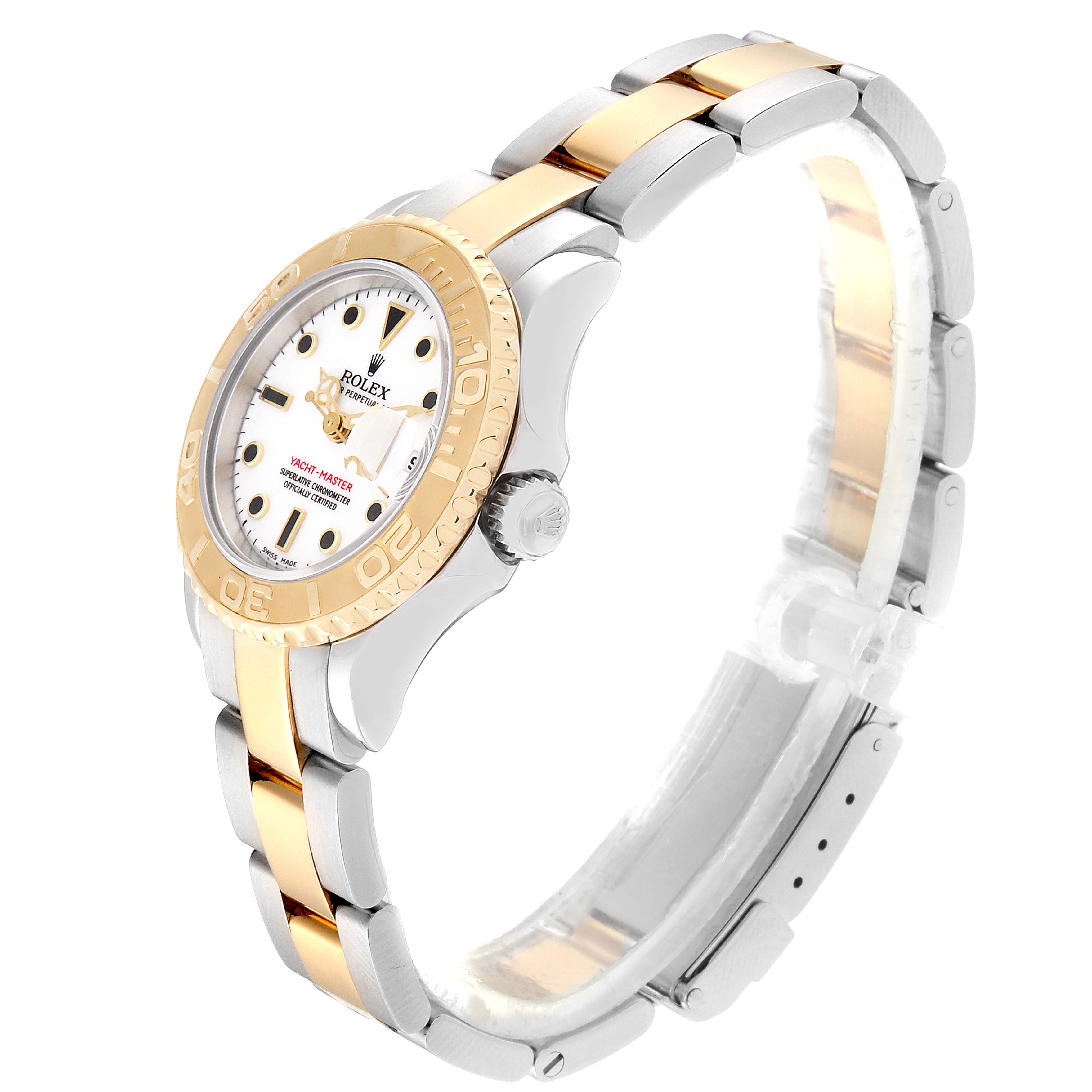 The image shows a side angle of the Rolex Yacht-Master 169623 Women's Steel and Gold (two tone) White Dial 169623 Women's Steel and Gold (two tone) White Dial watch, highlighting its two-tone bracelet and bezel.