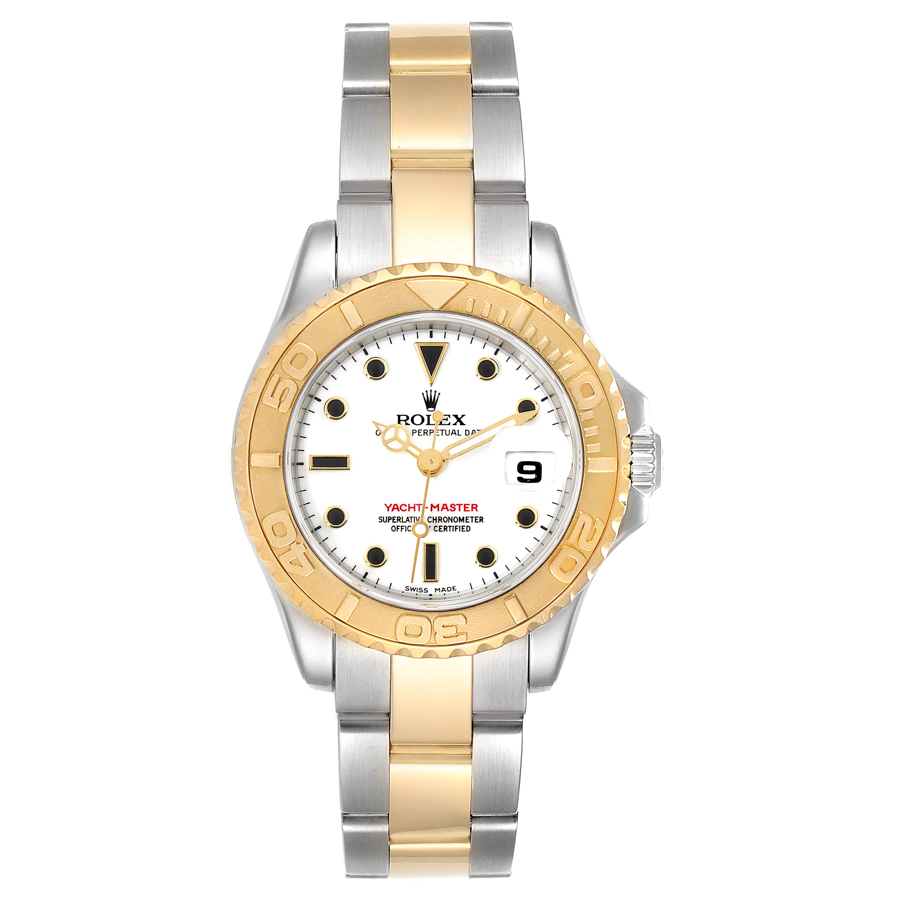 A front view of the Rolex Yacht-Master 169623 Women's Steel and Gold (two tone) White Dial 169623 Women's Steel and Gold (two tone) White Dial watch showing the face, bezel, and two-tone bracelet.
