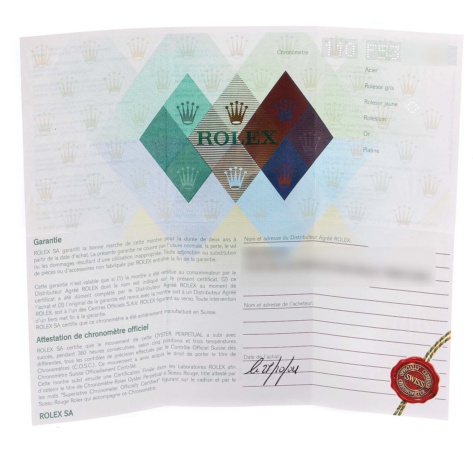 The image shows a warranty card for a Rolex Yacht-Master 169623 Women's Steel and Gold (two tone) White Dial 169623 Women's Steel and Gold (two tone) White Dial watch, detailing its terms and official certification.